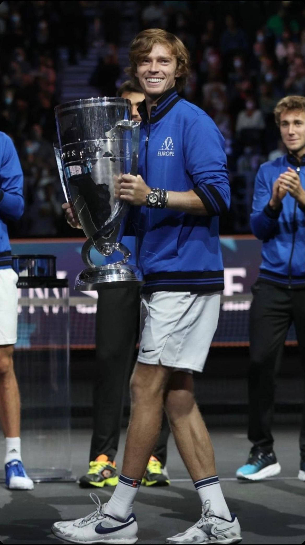 Andrey Rublev, blue jacket, large silver trophy, Full HD Phone Wallpaper