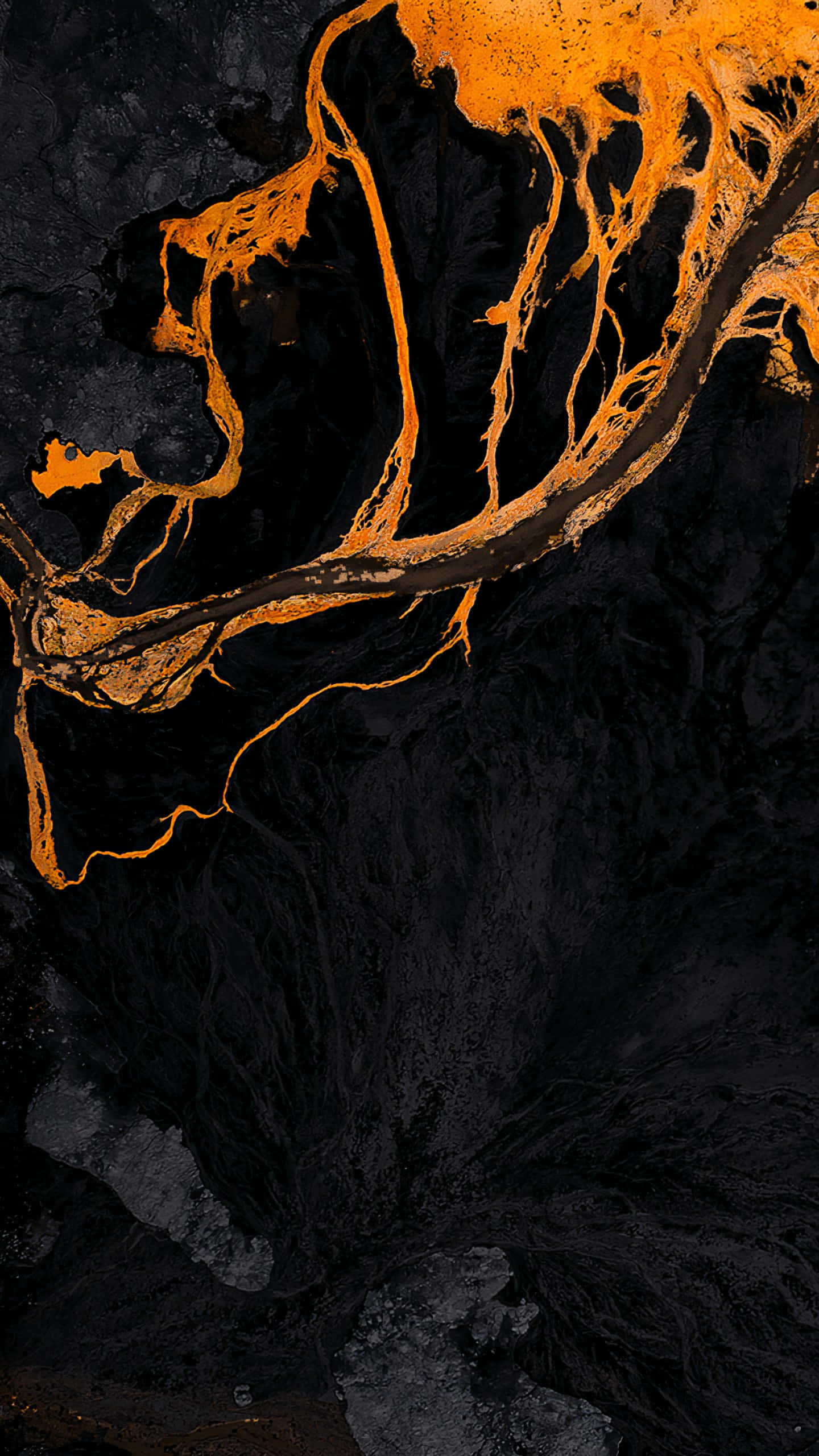 Android 10, vibrant orange lava rivers, stark black volcanic landscape, 2K Phone Wallpaper