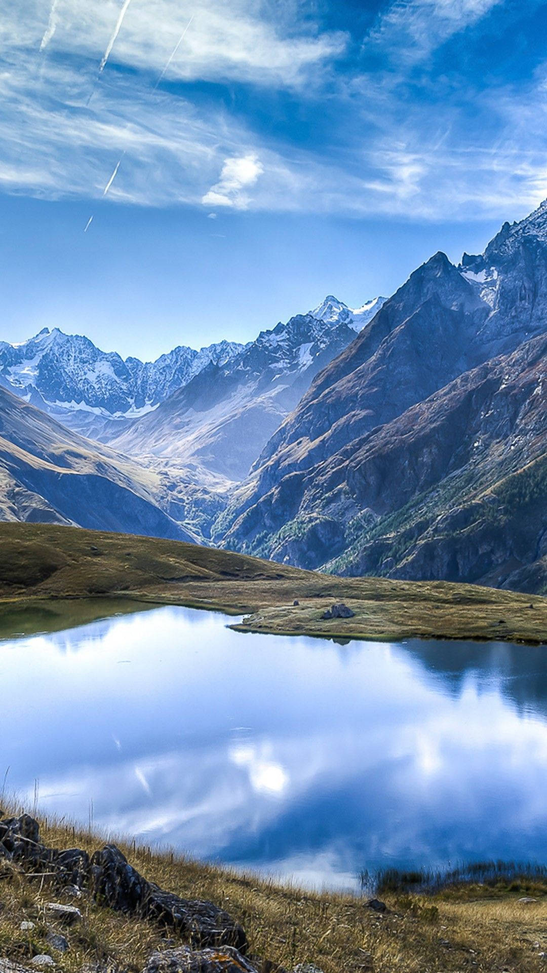 Full HD Mountains By Lake Android, alpine lake, snowcapped peaks, Full HD Phone Wallpaper