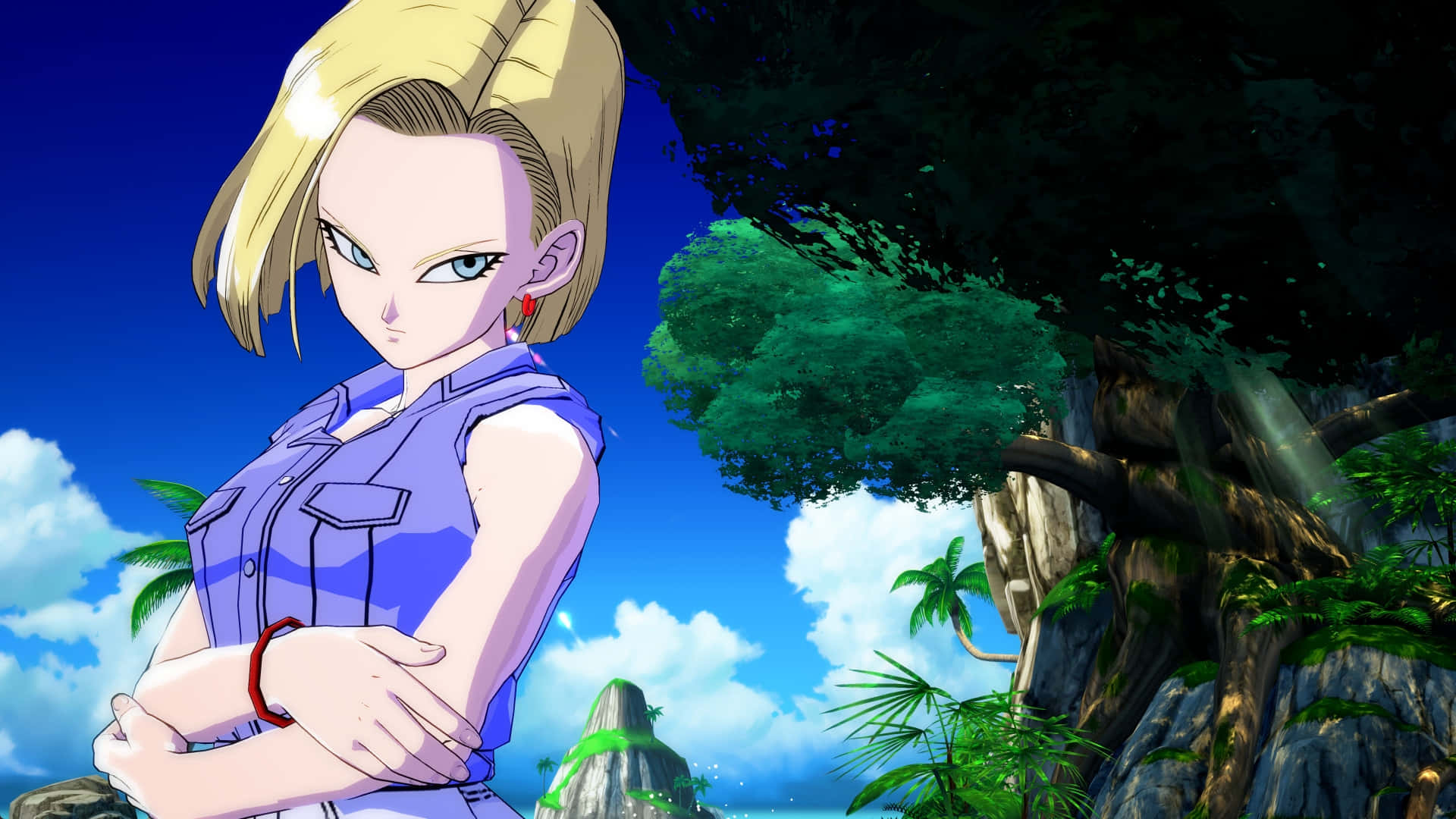 Android 18, purple vest, giant tree, Full HD Desktop Wallpaper