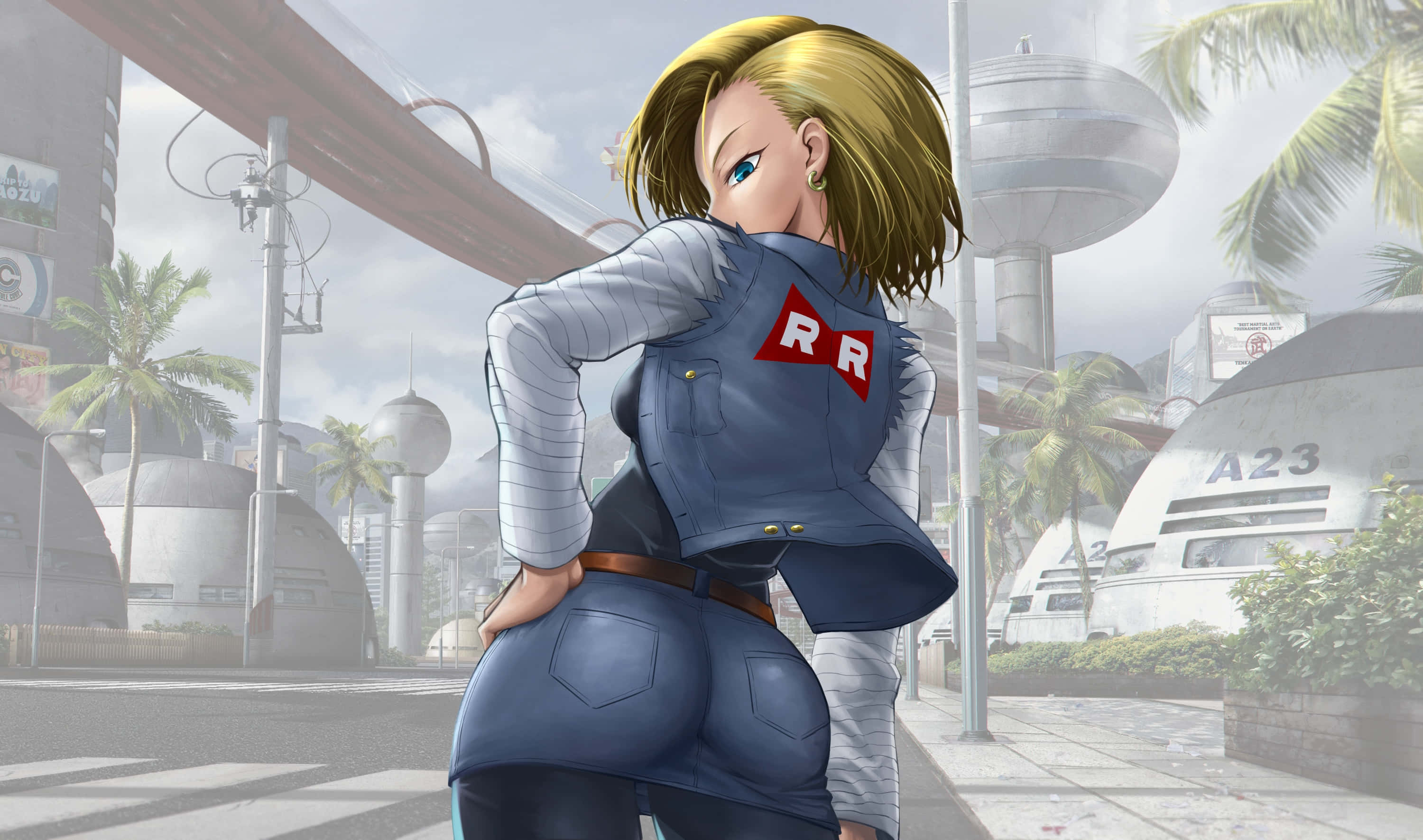 Android 18, futuristic cityscape, blue vest, 2K Desktop Wallpaper