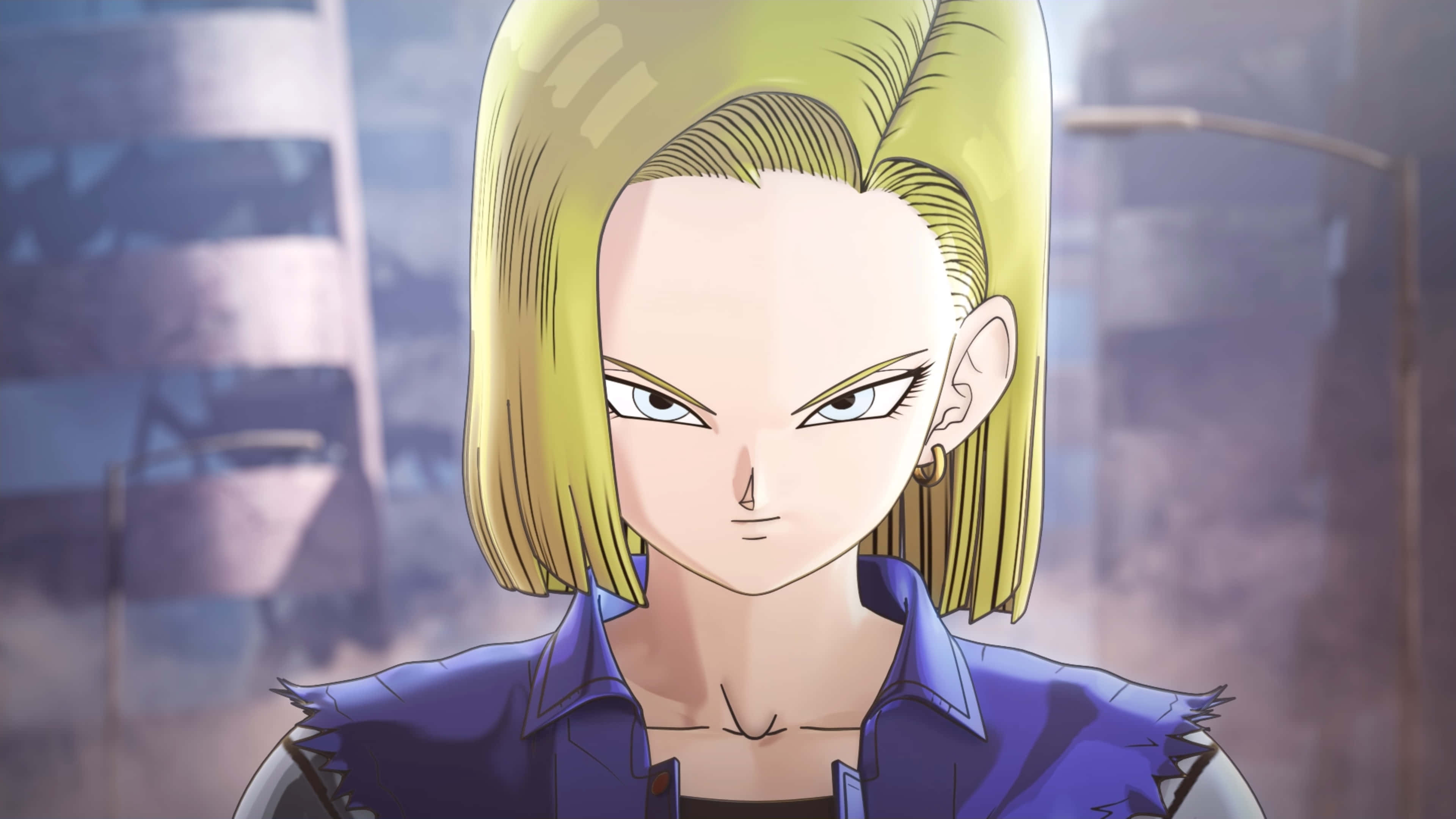 Android 18, blonde hair, sharp eyes, 4K Desktop Wallpaper