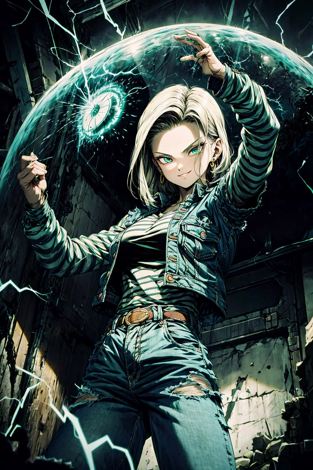 Android 18, blonde anime woman, denim outfit, HD Phone Wallpaper