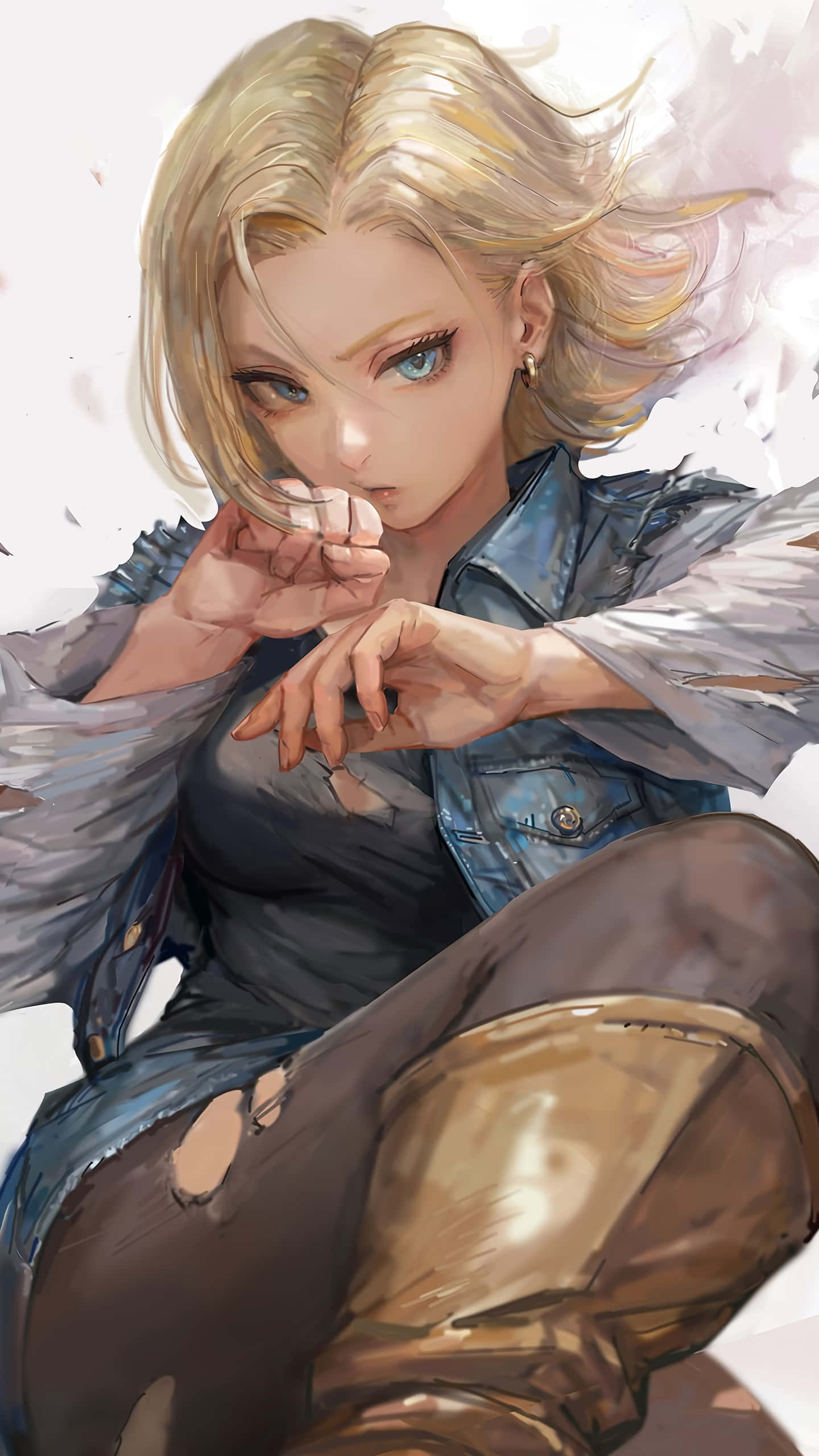 Android 18, blonde anime girl, blue eyes, 2K Phone Wallpaper