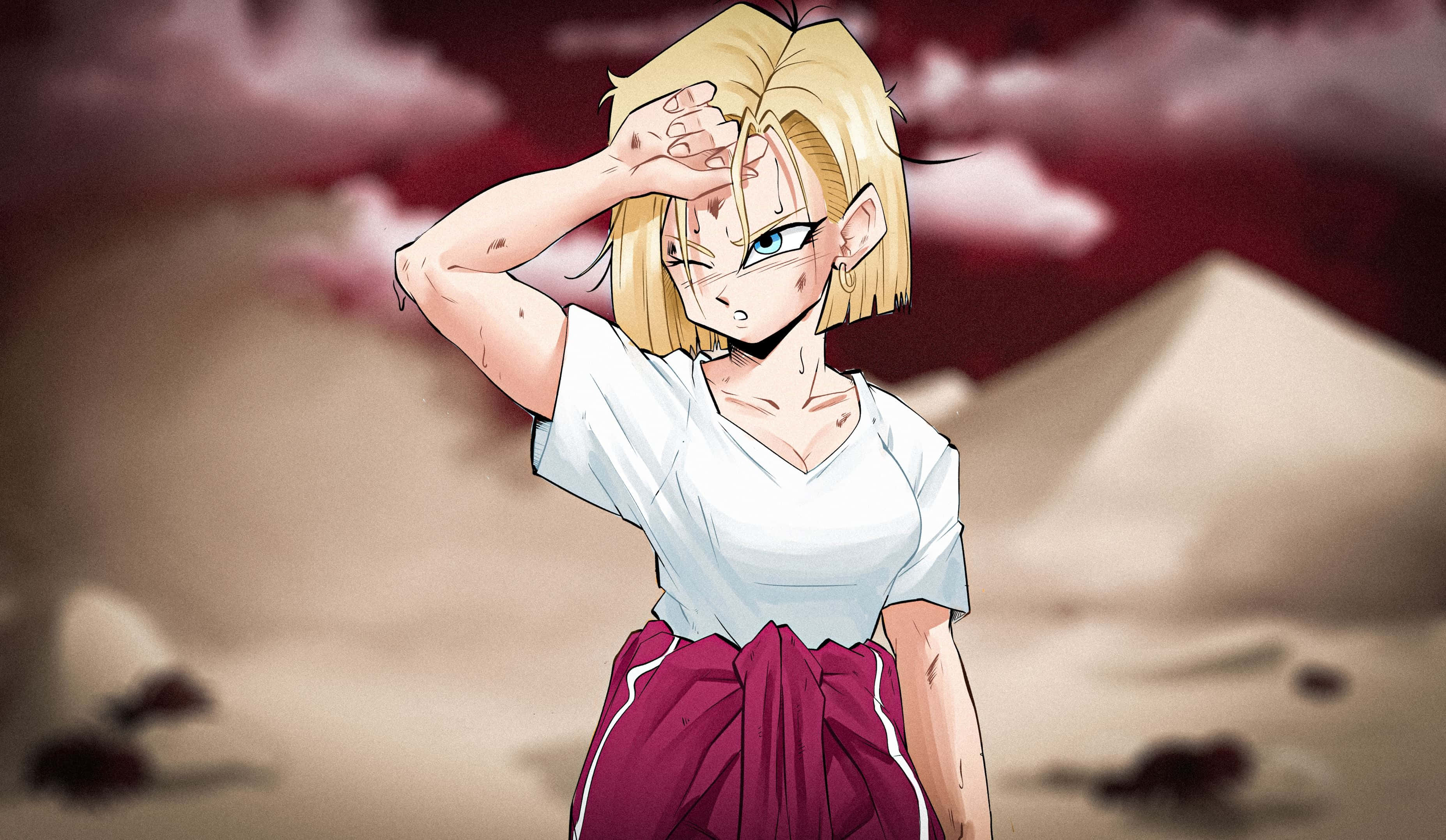 Android 18, desert, blood-red sky, 2K Desktop Wallpaper