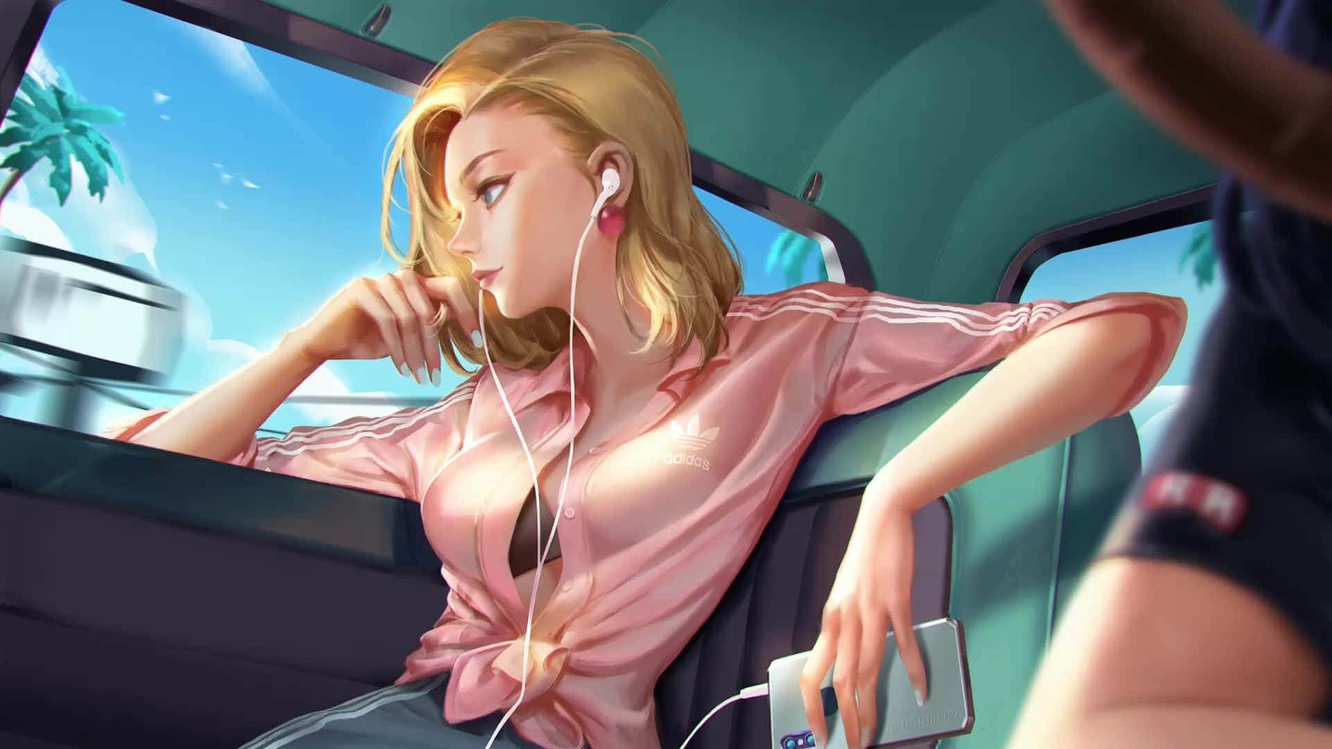 Android 18, pink Adidas shirt, earphones, Full HD Desktop Wallpaper