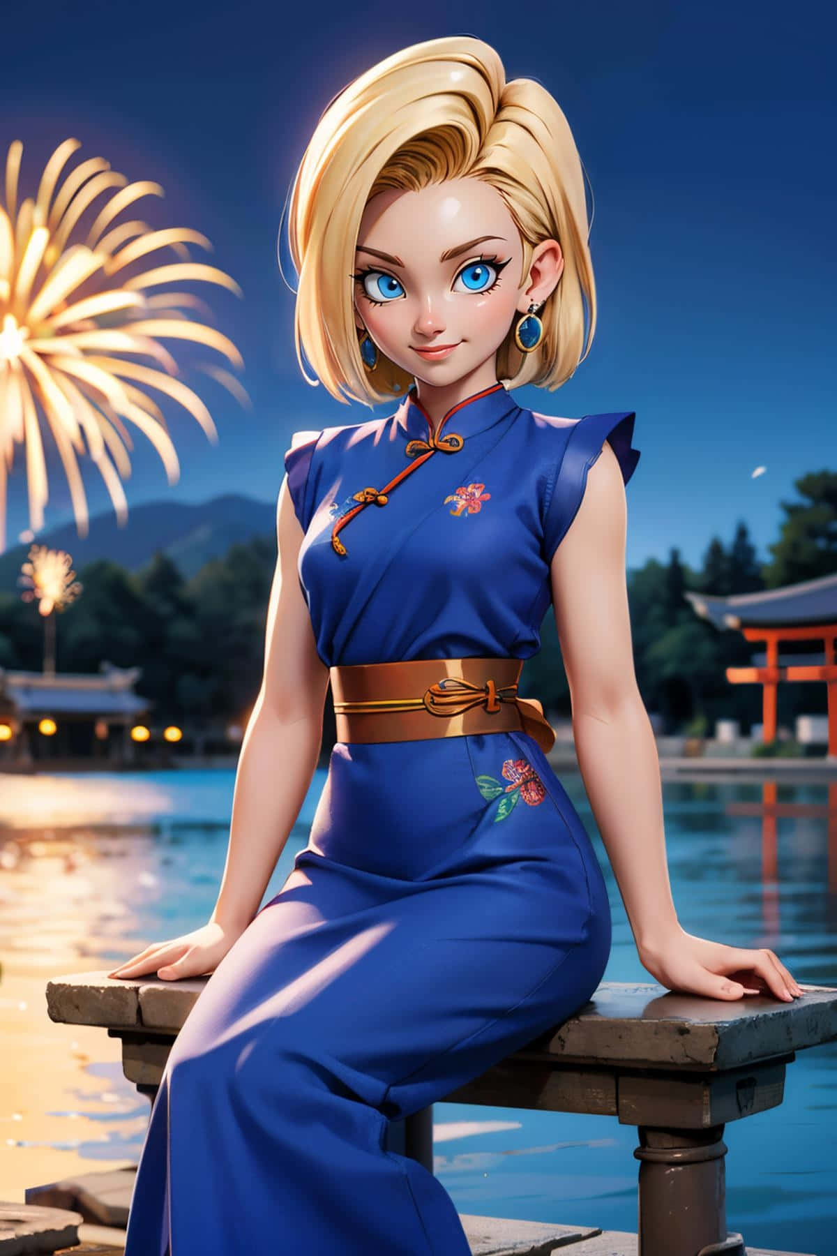 Android 18, fireworks festival, twilight sky, HD Phone Wallpaper