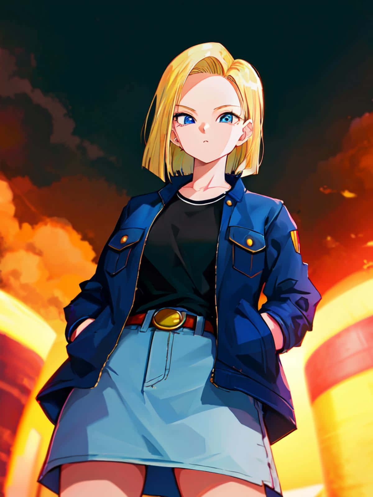 Android 18, blonde anime girl, blue jacket, HD Phone Wallpaper