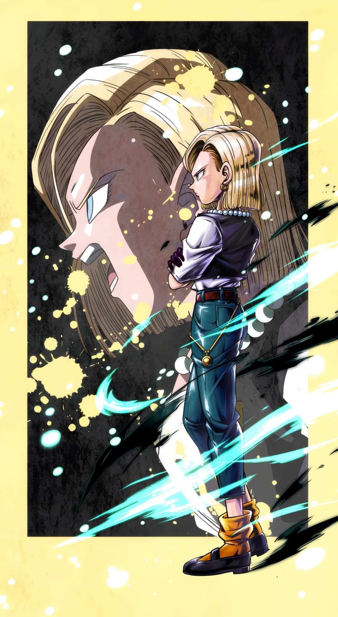 Android 18, blonde anime character, giant angry face, Full HD Phone Wallpaper