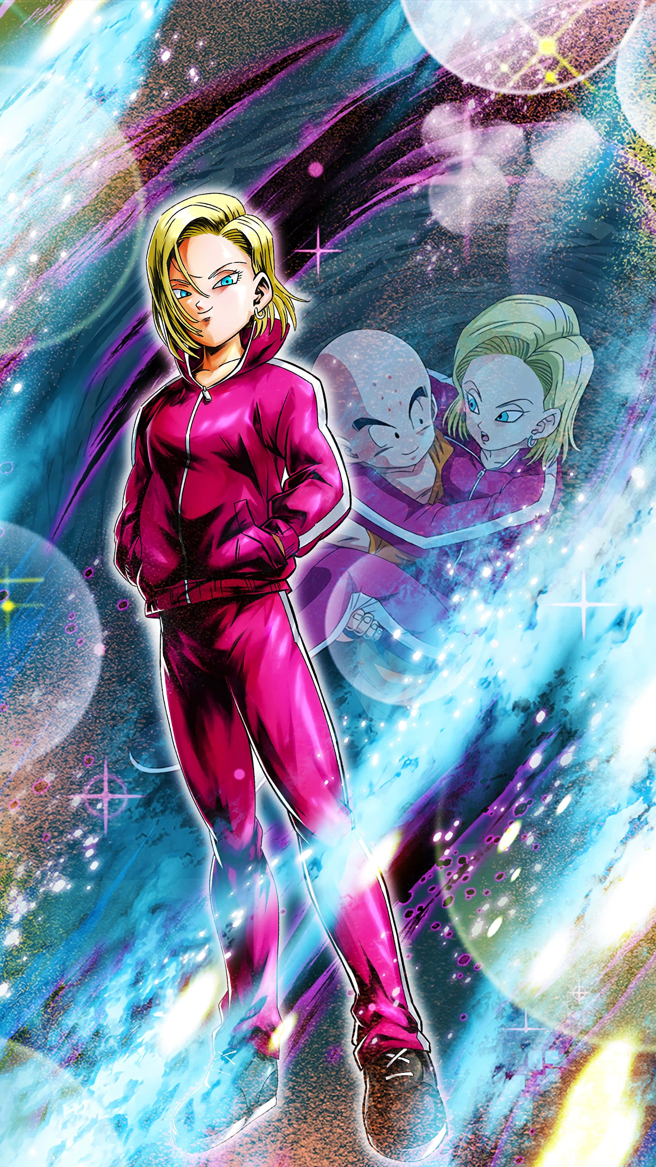 Android 18, magenta tracksuit, cosmic backdrop, 4K Phone Wallpaper