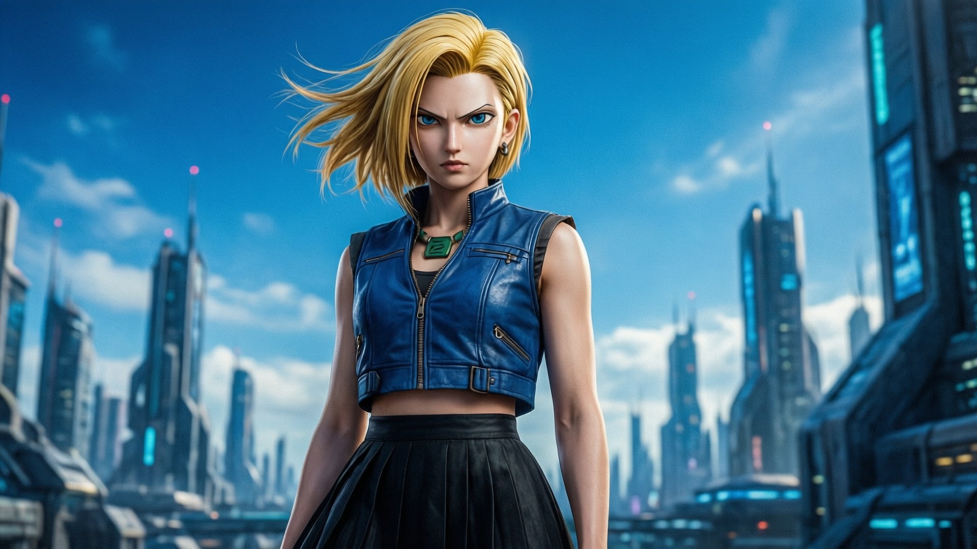 Android 18, blue leather vest, futuristic city skyline, Full HD Desktop Wallpaper