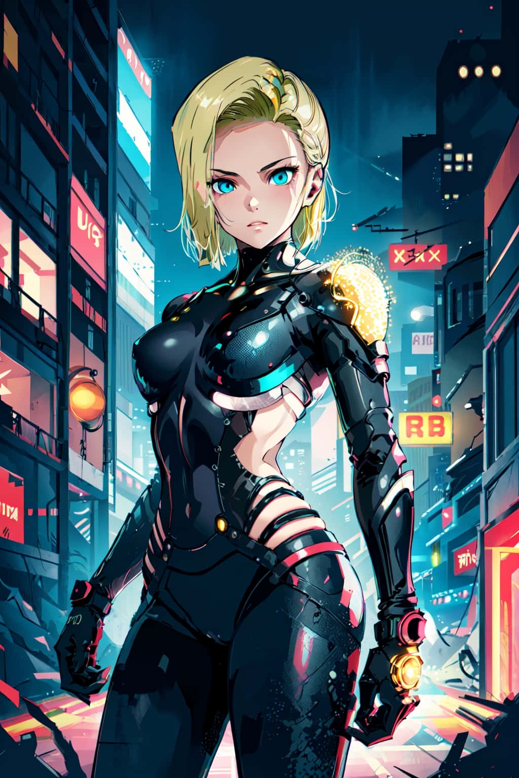 Android 18, cyberpunk, neon-lit urban alley, HD Phone Wallpaper