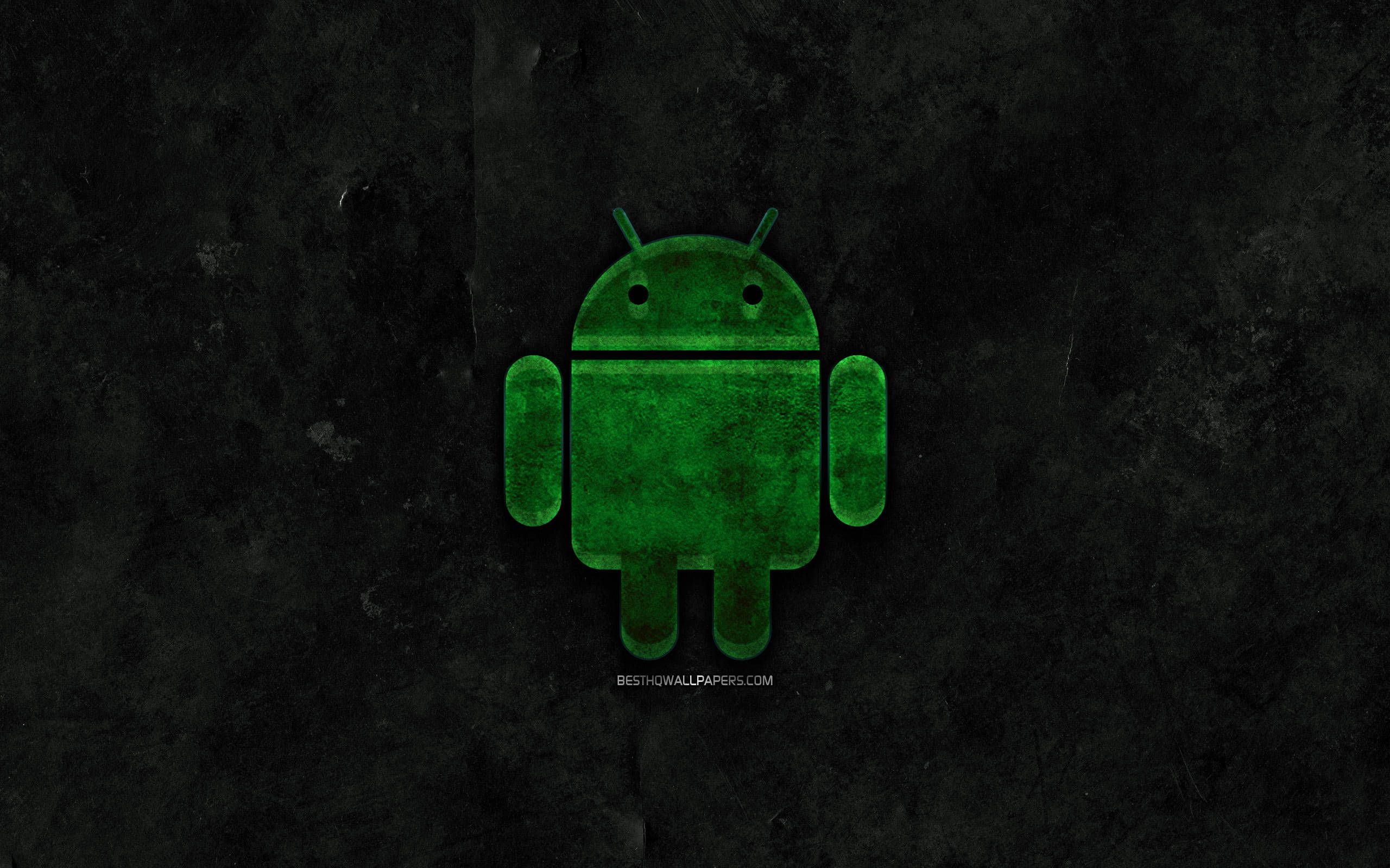 glowing green Android robot, dark textured wall, subtle scratches, 2K Desktop Wallpaper