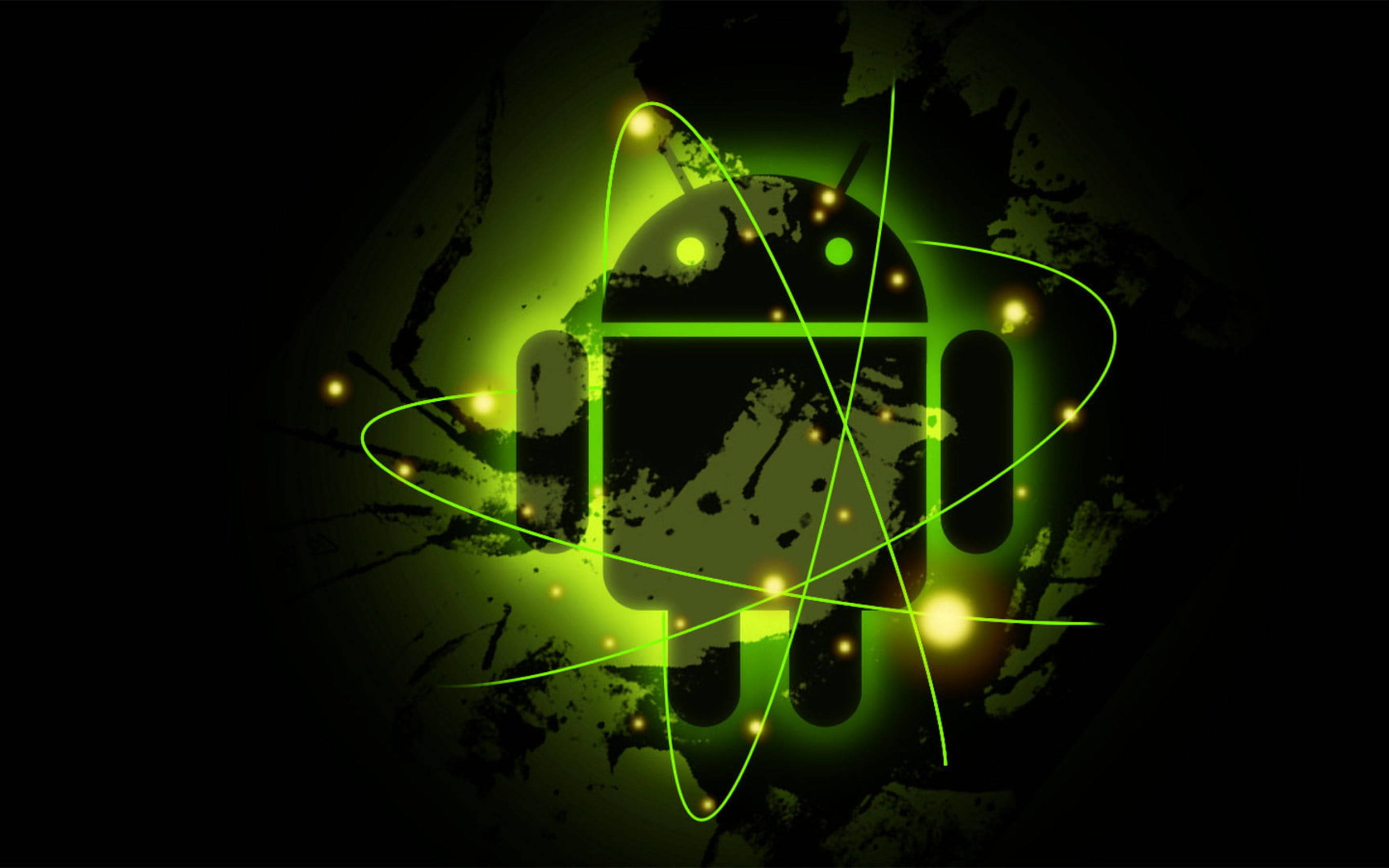 Neon Green Android Logo, glowing green Android robot icon, atomic orbit lines, 2K Desktop Wallpaper