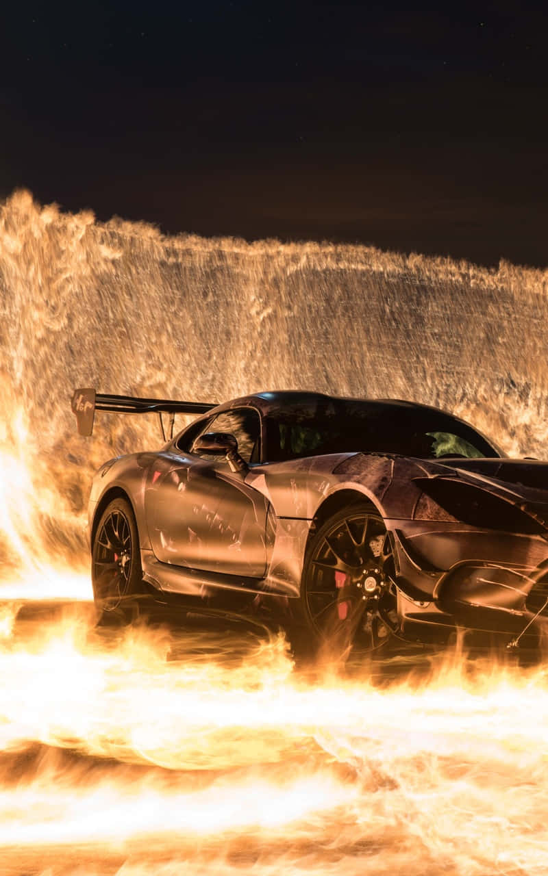 Android Fire, sleek black sports car, roaring flames, HD Phone Wallpaper