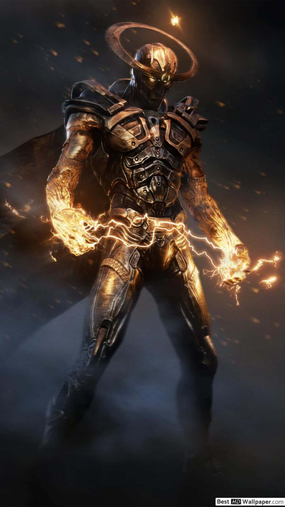 Android Fire, glowing golden energy, dark armored warrior, Full HD Phone Wallpaper