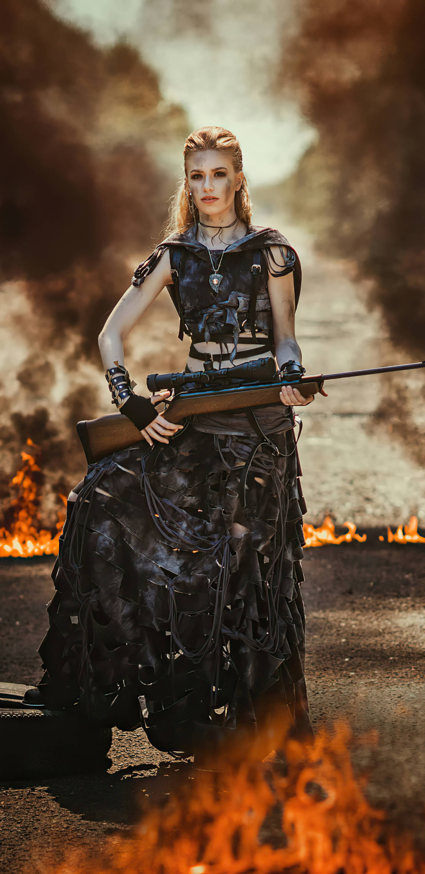 Android Gaming, fierce warrior woman, dark leather armor, 2K Phone Wallpaper