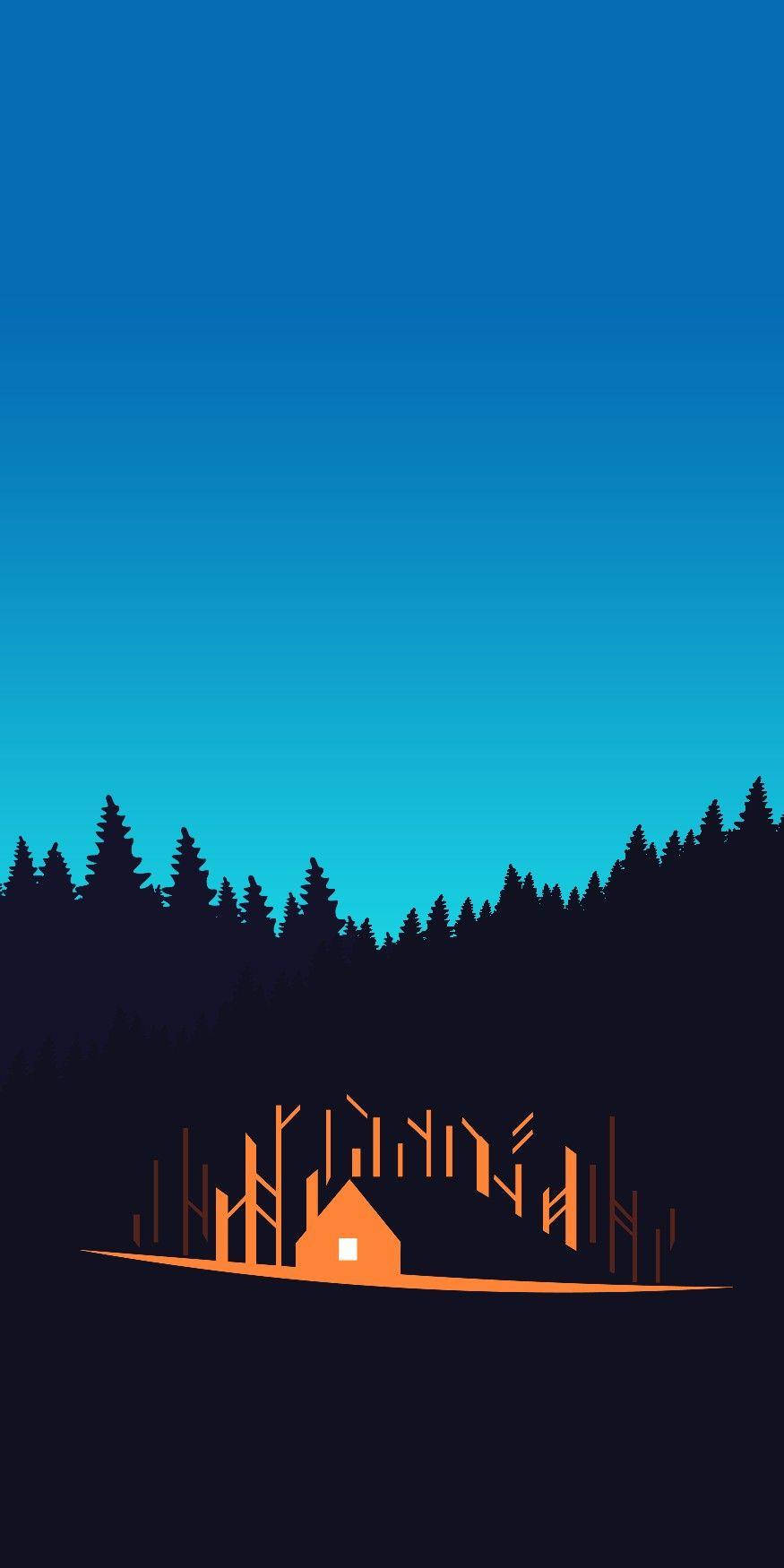 Campfire Minimalist Android, orange cabin, glowing window, HD Phone Wallpaper