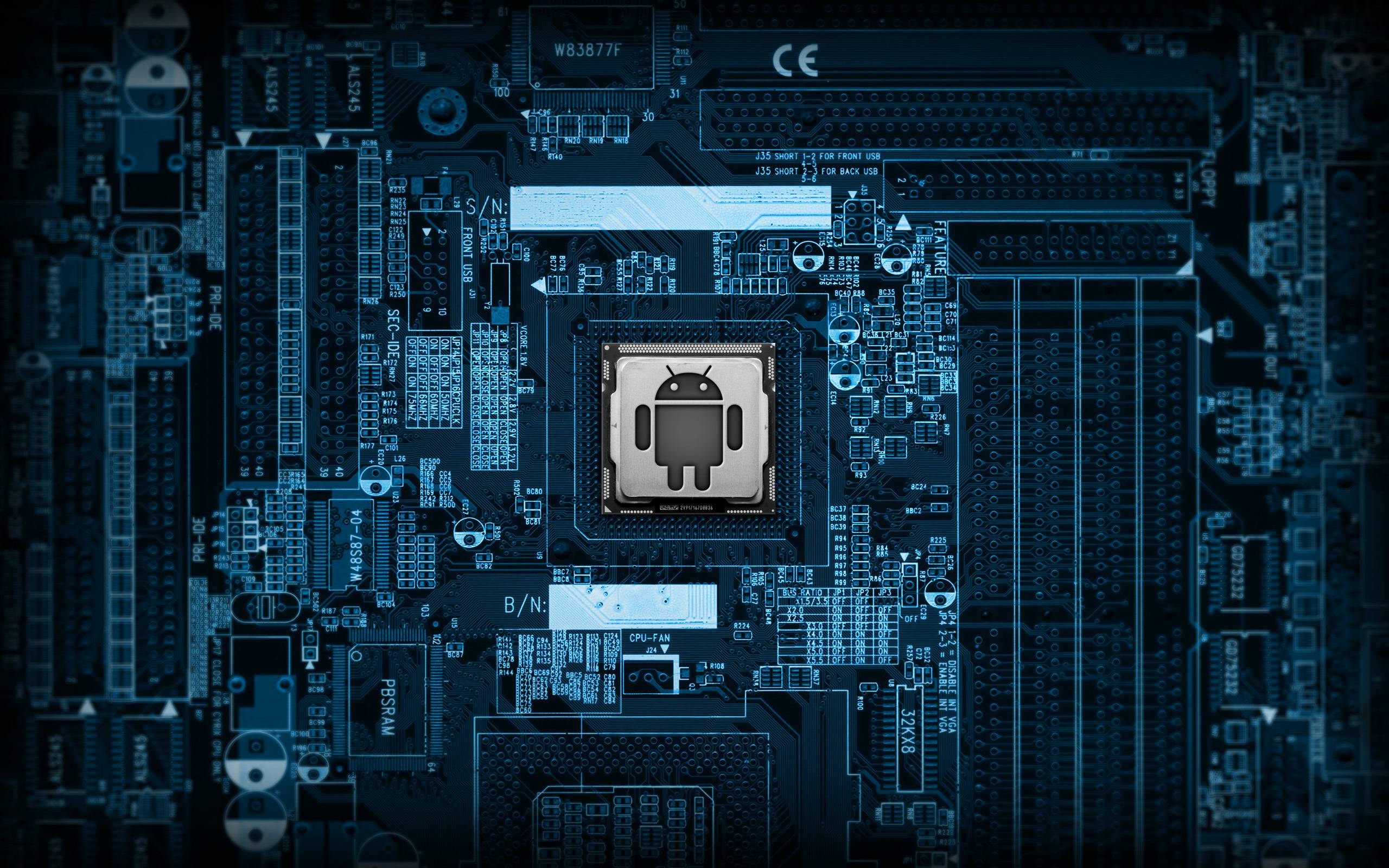 Android logo chip, blue-tinted circuit board, Information Technology Android Motherboard, 2K Desktop Wallpaper