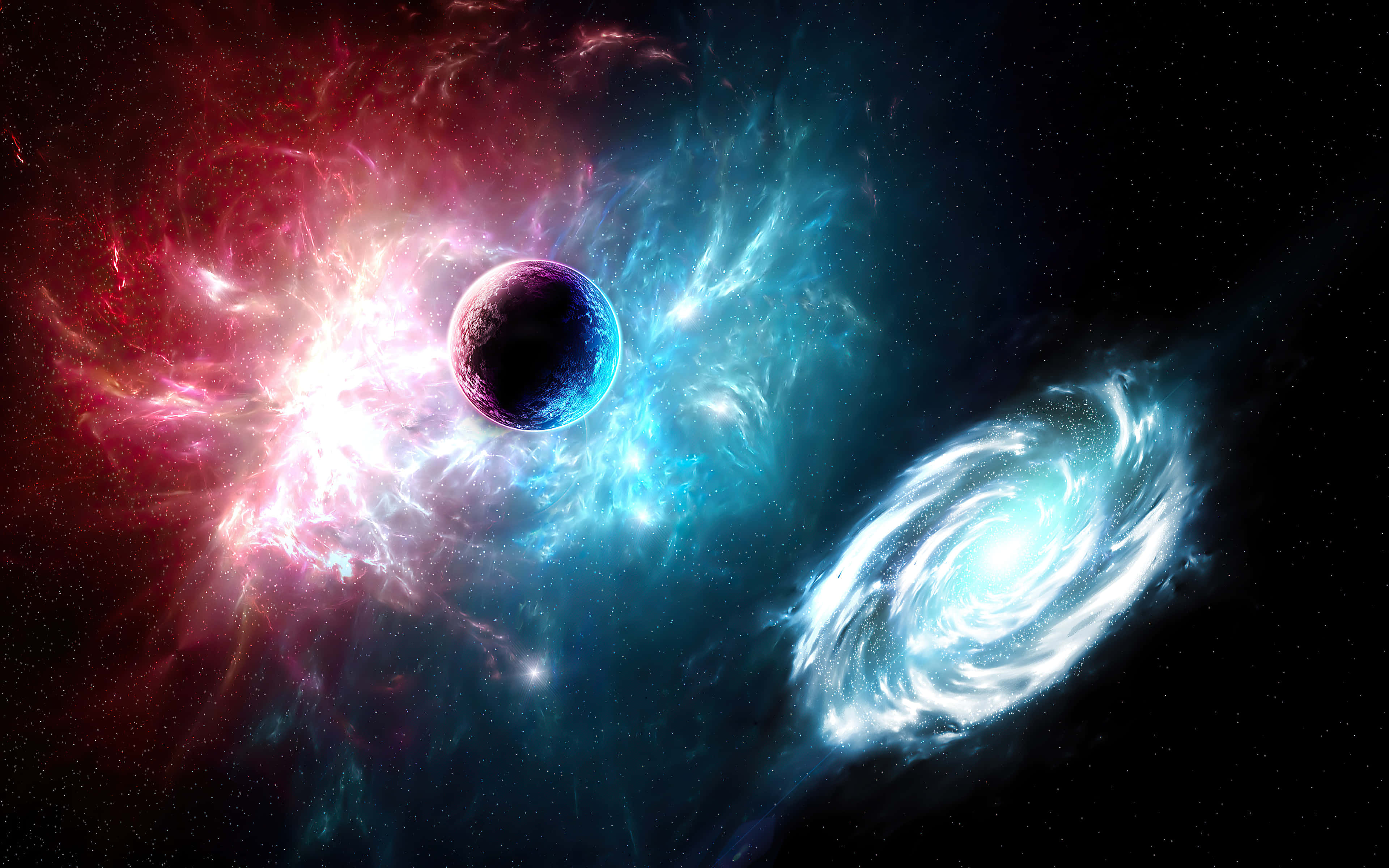 Android Space, blue and red star, glowing planet, 4K Desktop Wallpaper