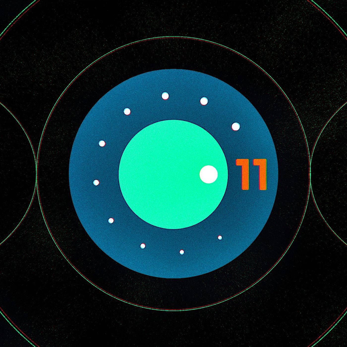 Android 11, teal circle, white dots, HD Desktop Wallpaper