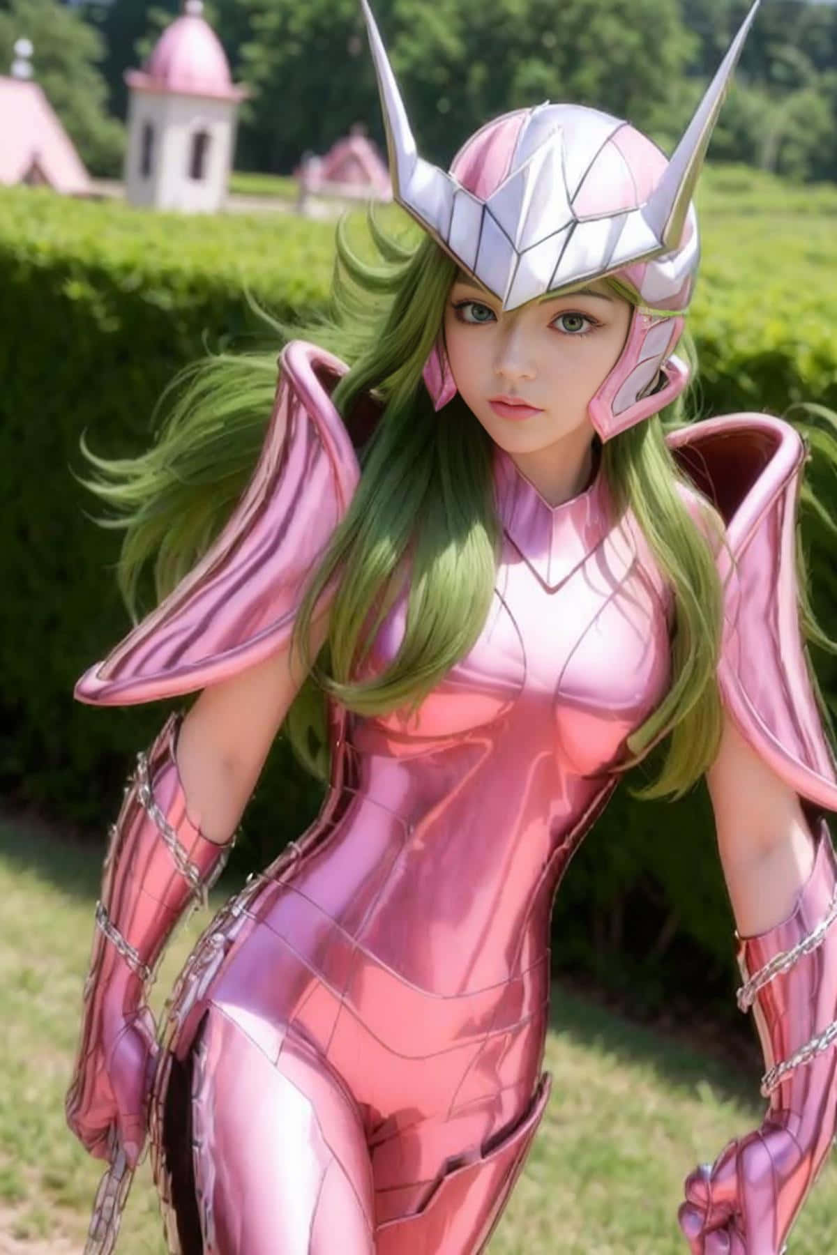 Andromeda Shun, shiny pink armored costume, spiked helmet, HD Phone Wallpaper