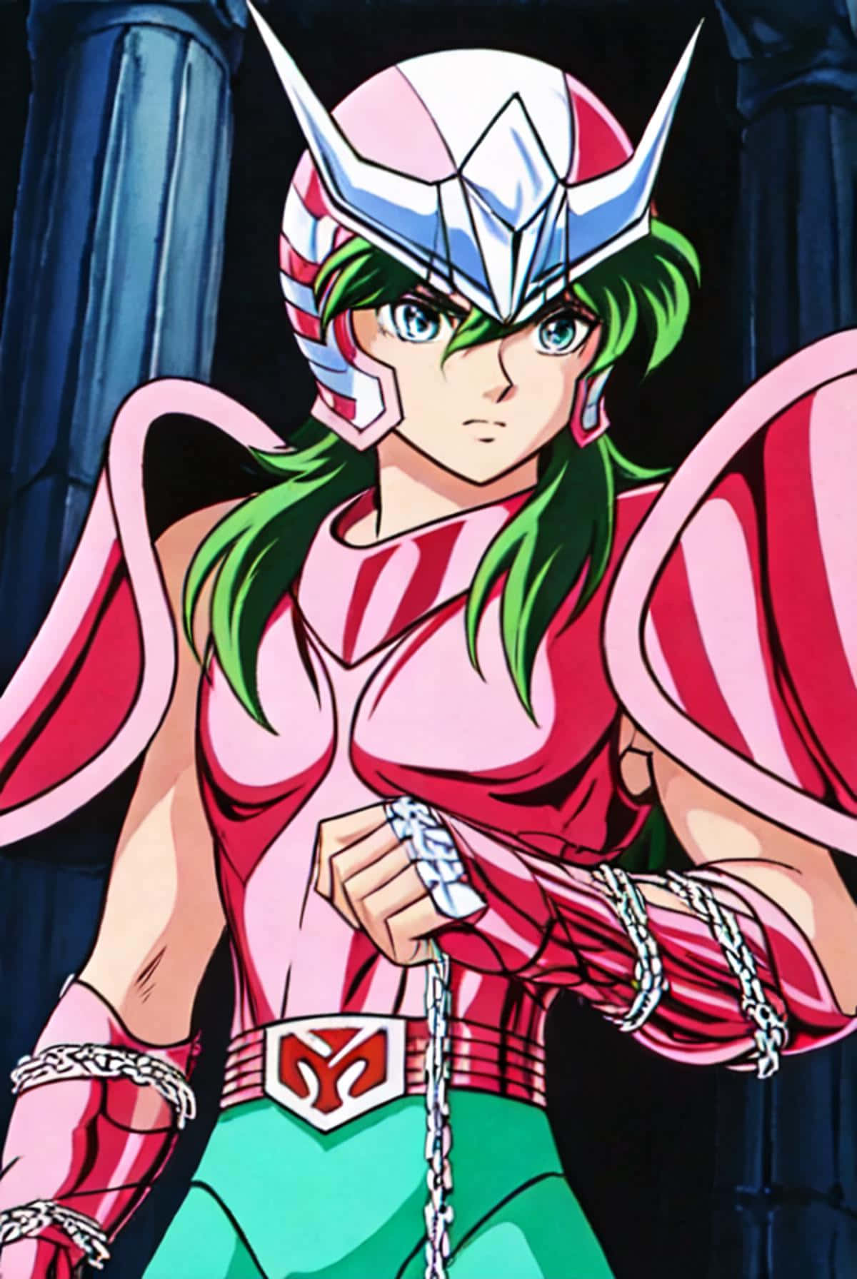 Andromeda Shun, green hair, pink armor suit, HD Phone Wallpaper