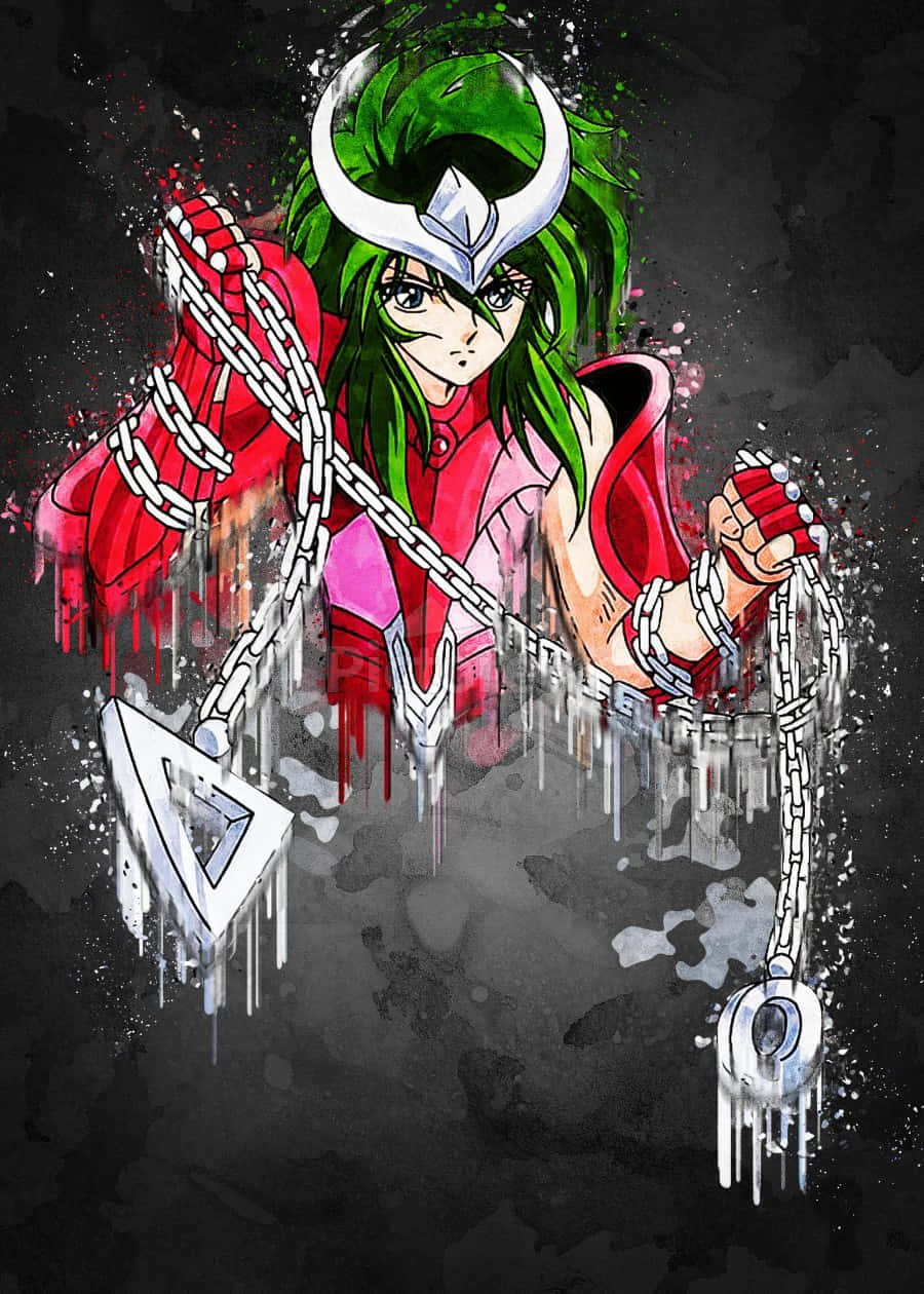 Andromeda Shun, green-haired anime warrior, red armor, SD Phone Wallpaper