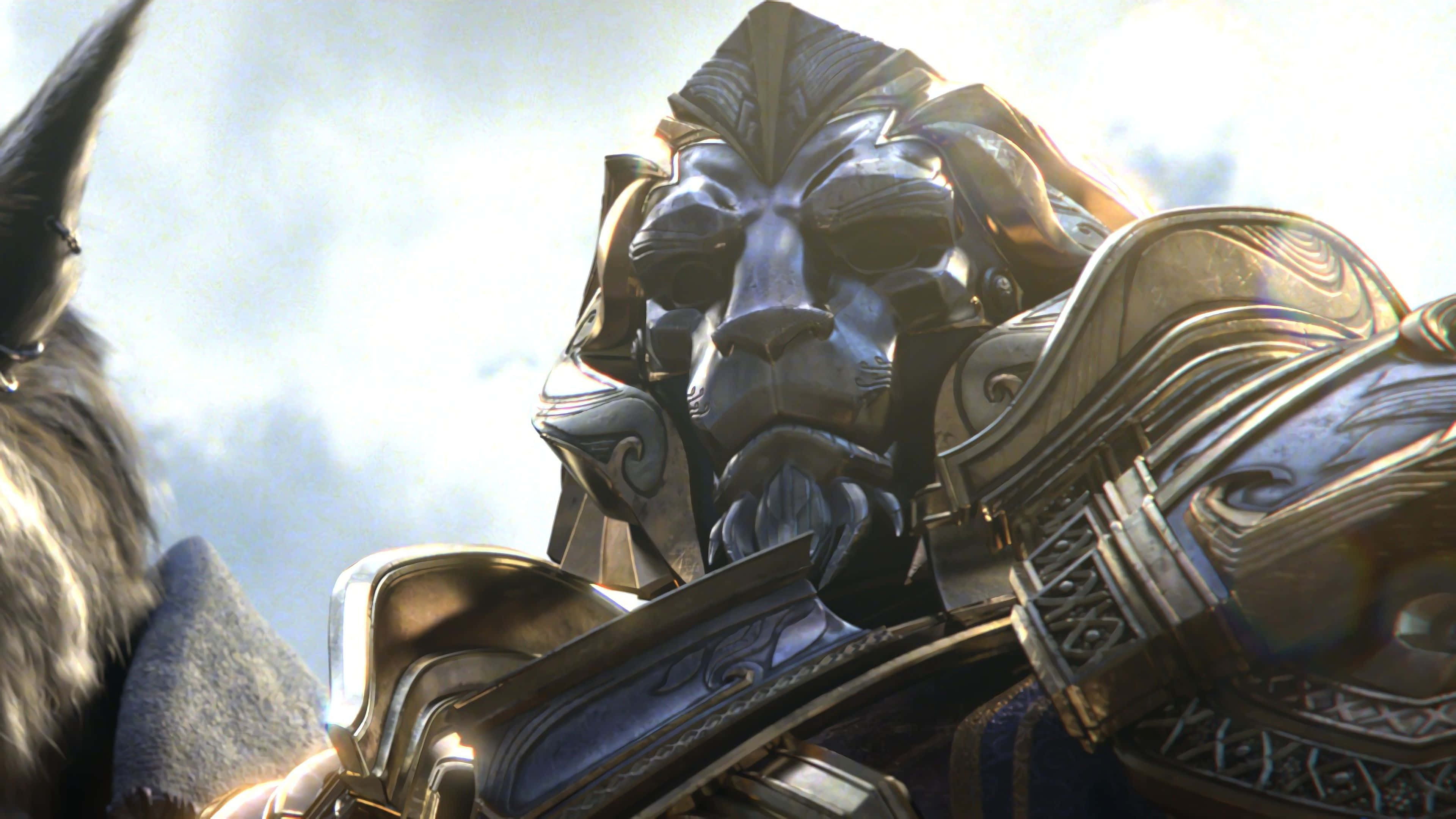 Anduin Wrynn, lion-headed armored warrior, gold and dark metal details, 4K Desktop Wallpaper