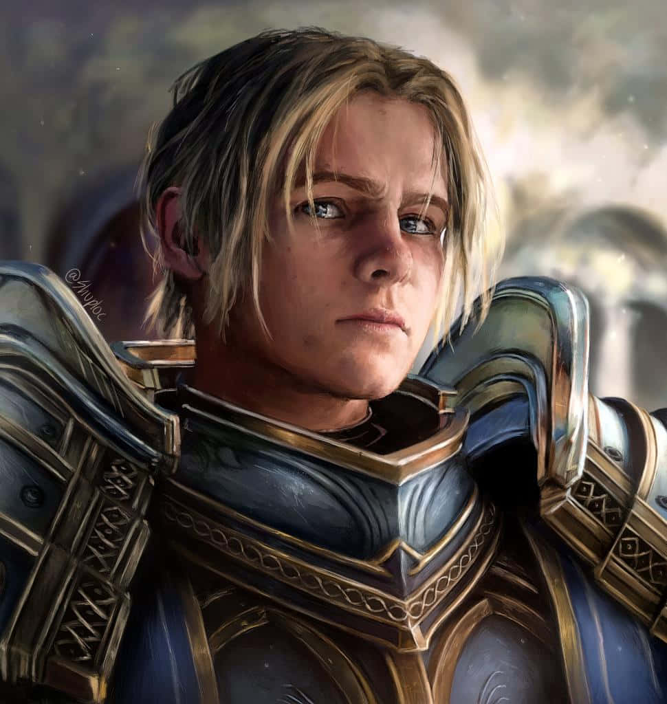 Anduin Wrynn, blue and gold armor, hazy battlefield backdrop, SD Phone Wallpaper