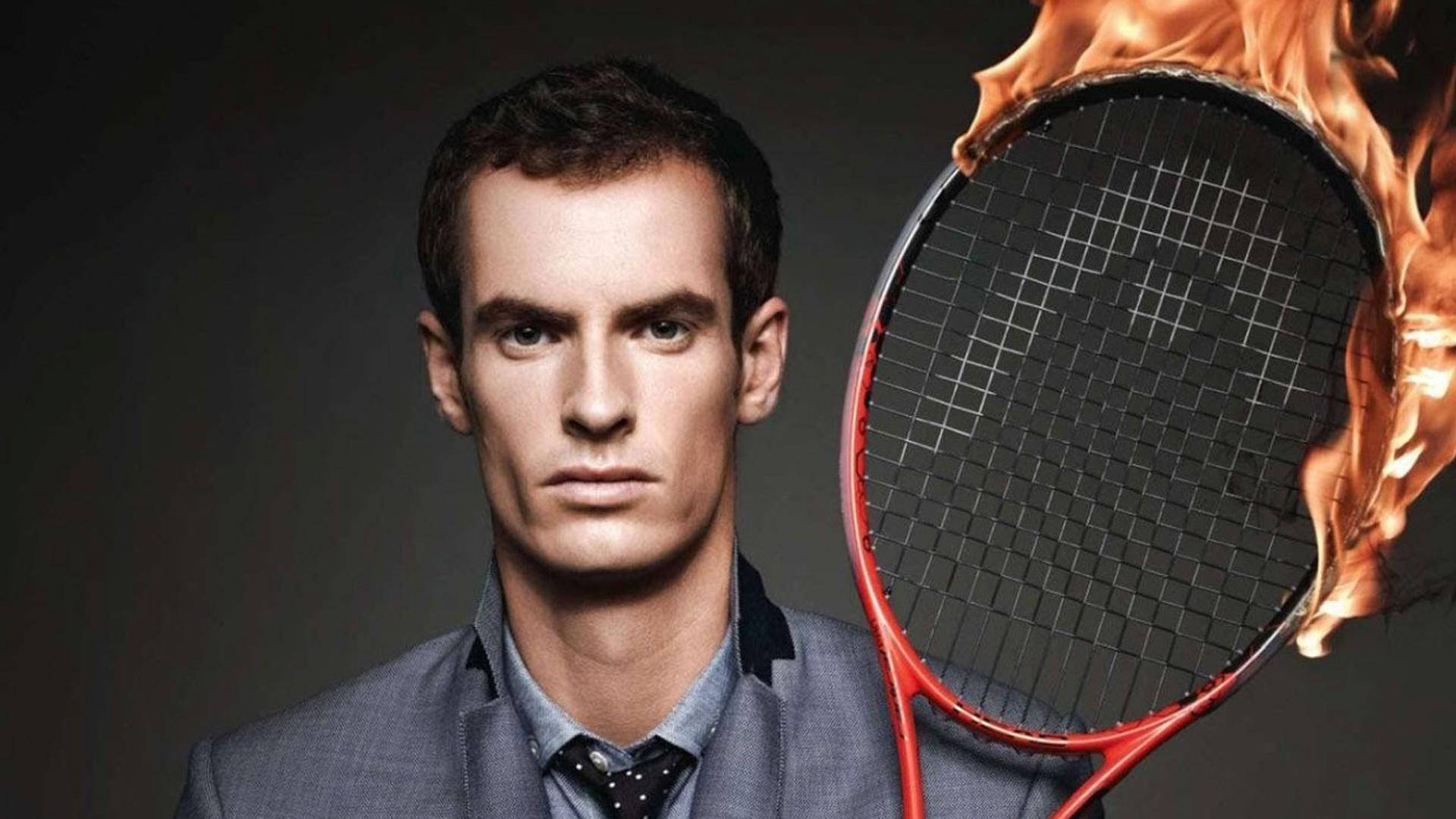 Andy Murray, flaming red tennis racket, dark background, Full HD Desktop Wallpaper