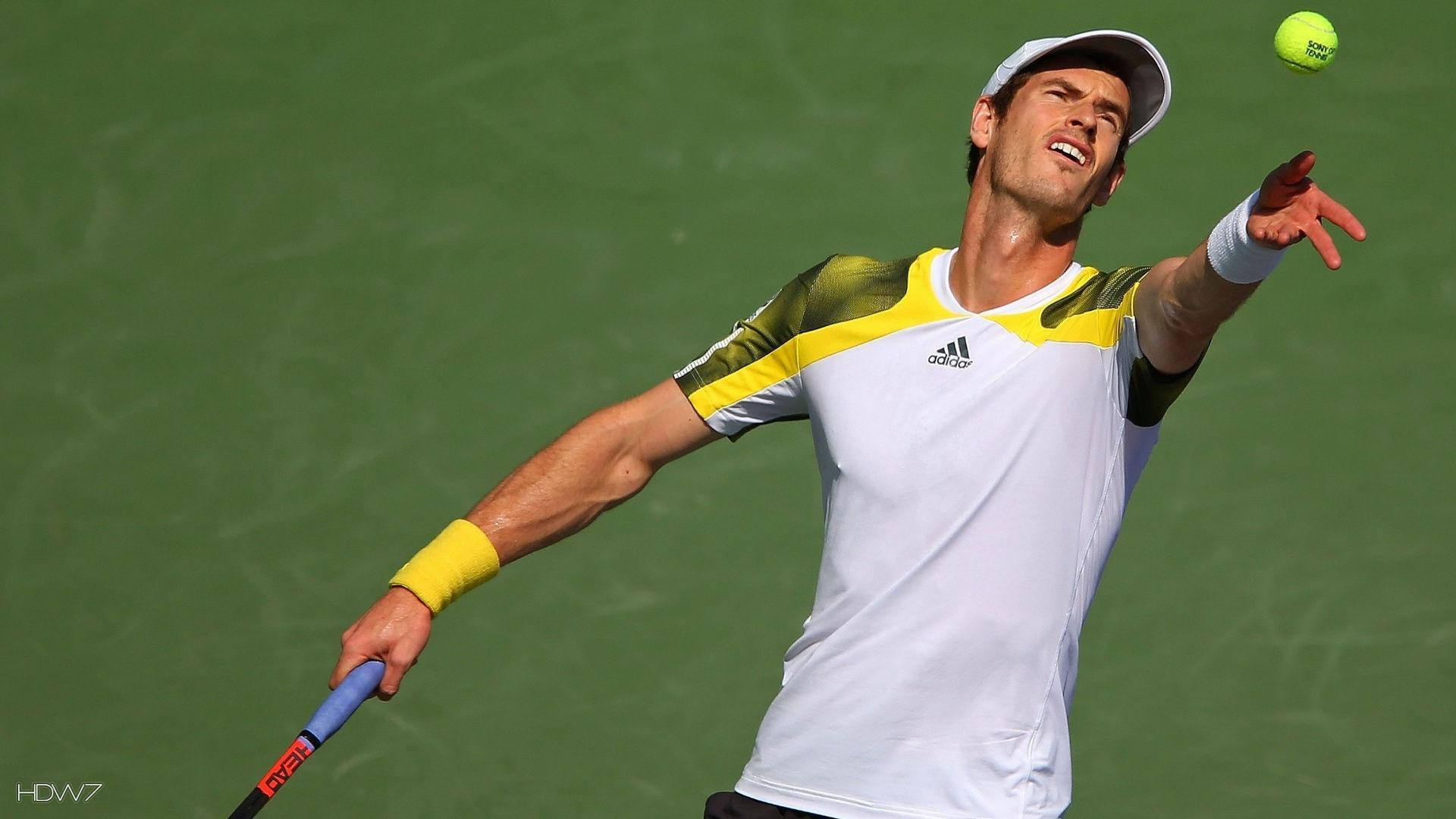 Andy Murray, white and yellow gear, bright green ball, Full HD Desktop Wallpaper