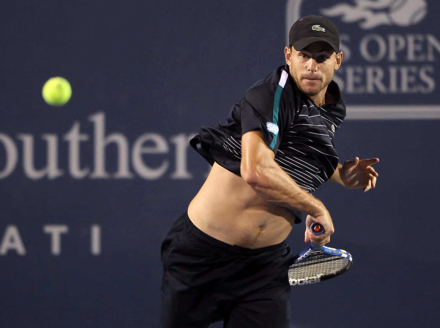 Andy Roddick, tennis ball, dark blue court, HD Desktop Wallpaper
