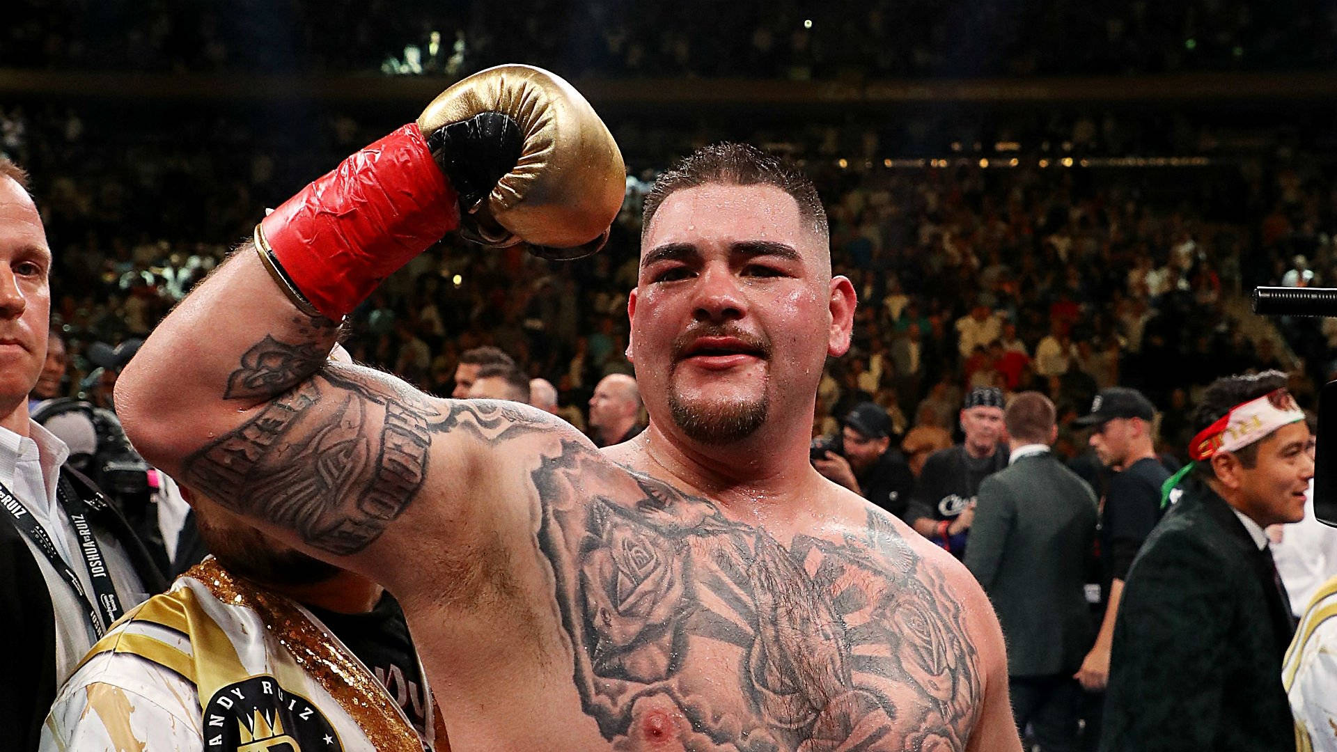 Andy Ruiz, championship belt, tattooed arms, Full HD Desktop Wallpaper