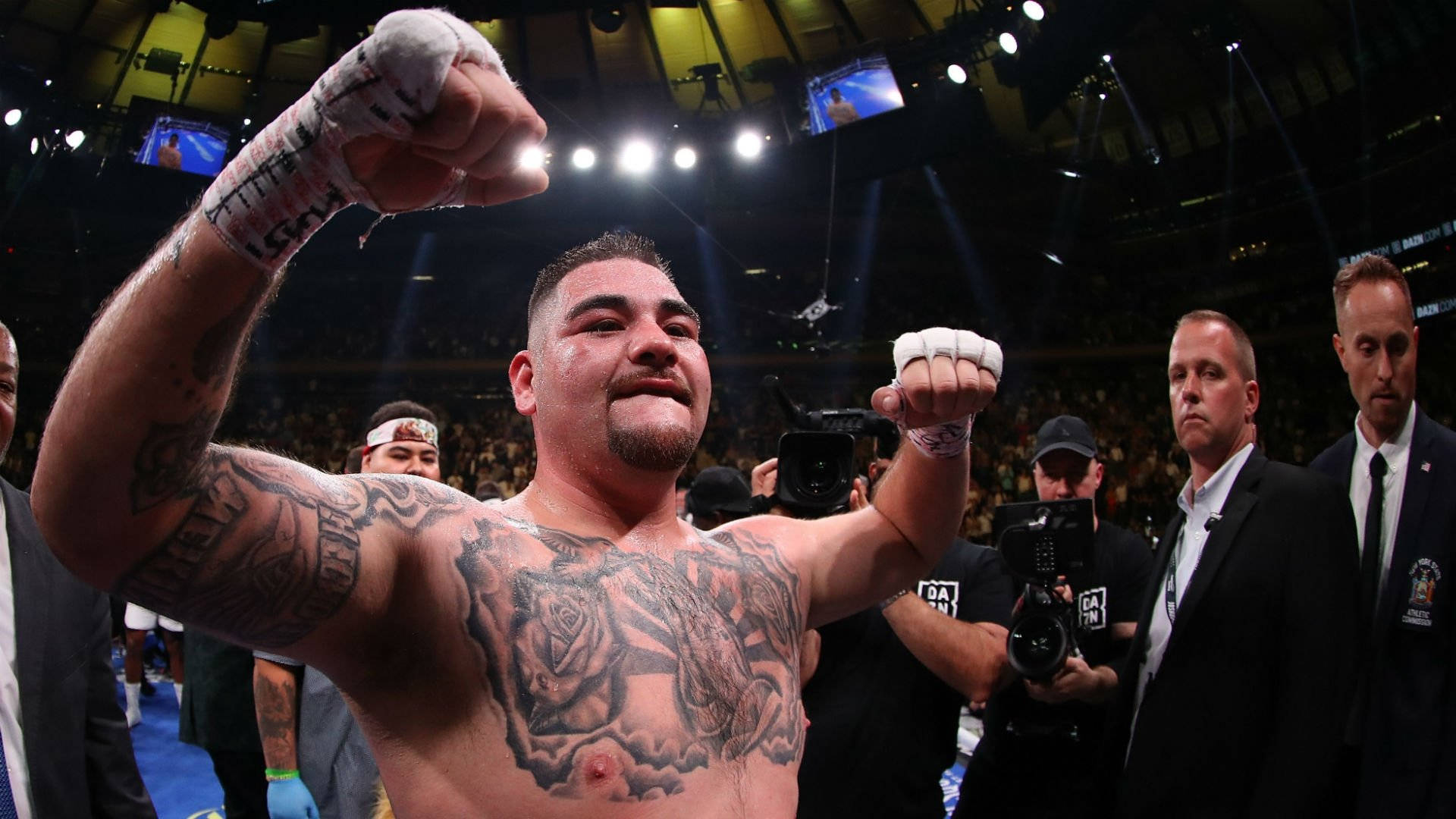Andy Ruiz, tattooed boxer, bright arena lights, Full HD Desktop Wallpaper