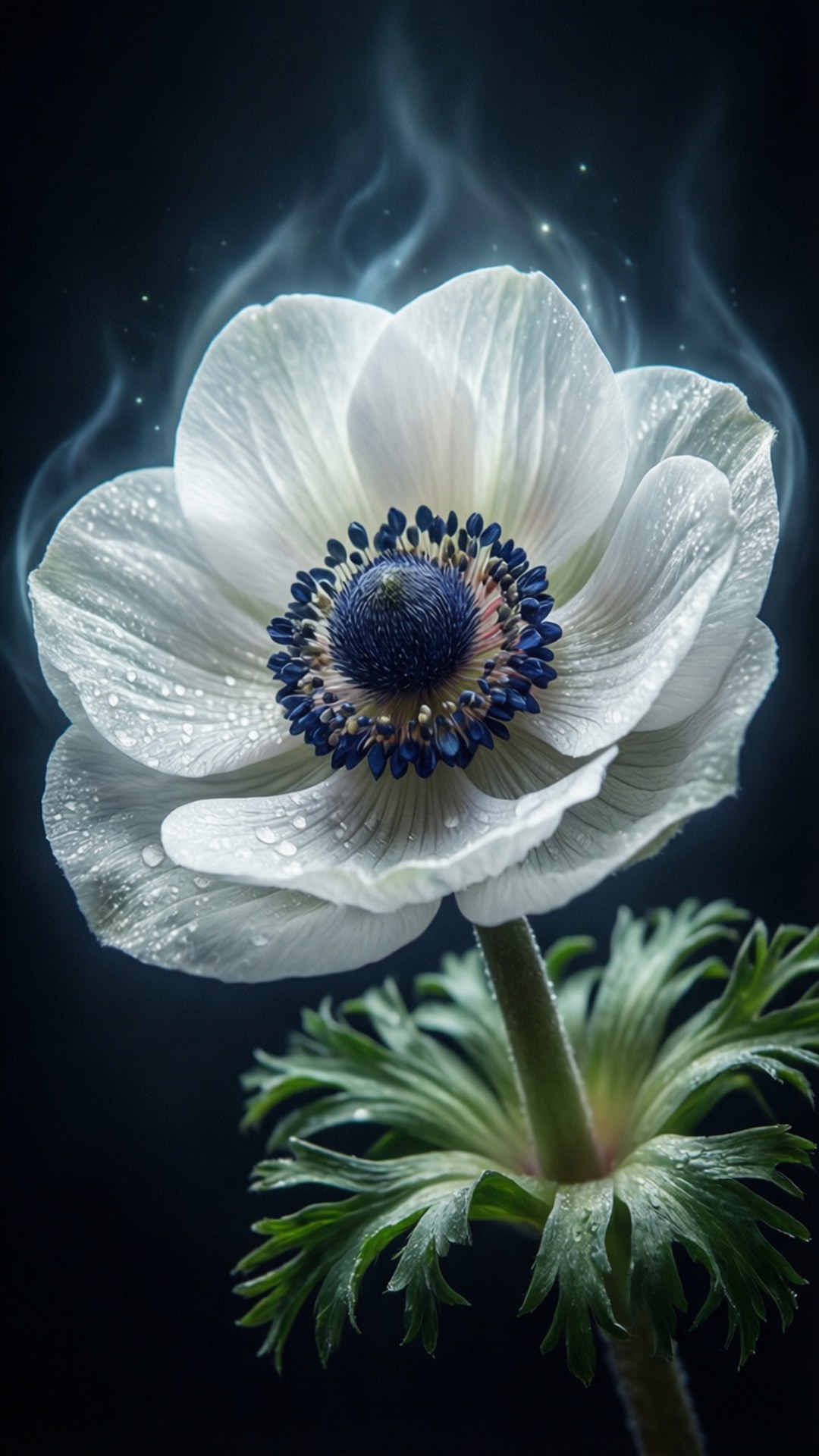 white anemone, dew drops, deep blue center, Full HD Phone Wallpaper