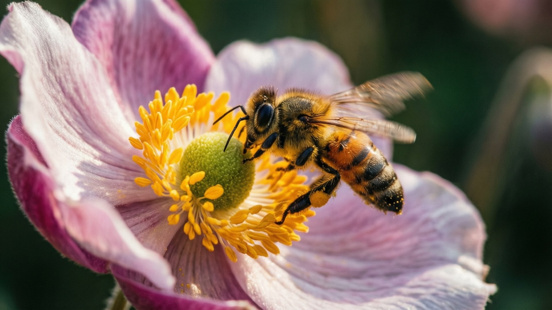 bee, anemone, striped abdomen, Full HD Desktop Wallpaper