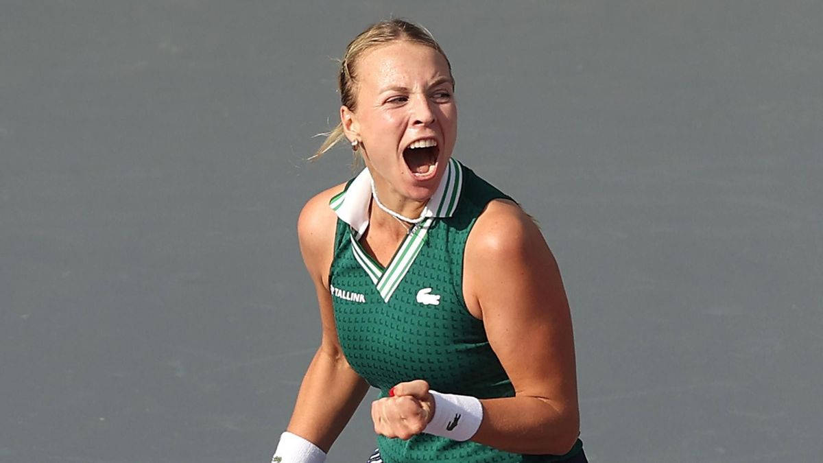 Anett Kontaveit, green shirt, gray court, SD Desktop Wallpaper