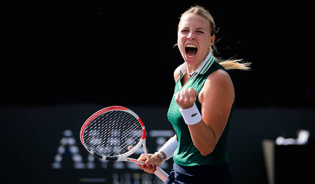 Anett Kontaveit, white and red racket, green top, SD Desktop Wallpaper