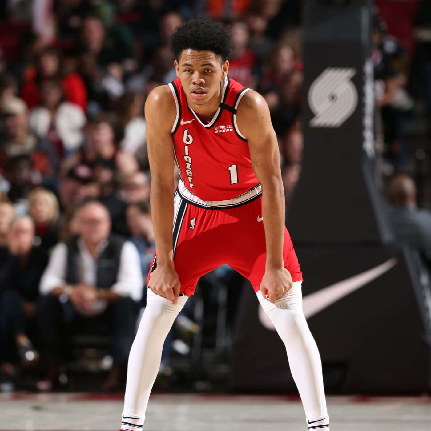Anfernee Simons, red Portland Trail Blazers jersey, brightly lit court, HD Desktop Wallpaper