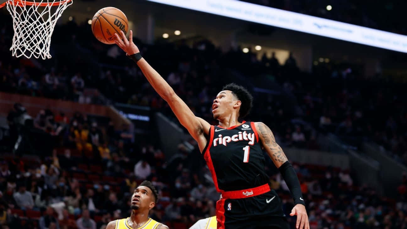 black ripcity jersey, dunks the ball with one hand, defender watches below, HD Desktop Wallpaper