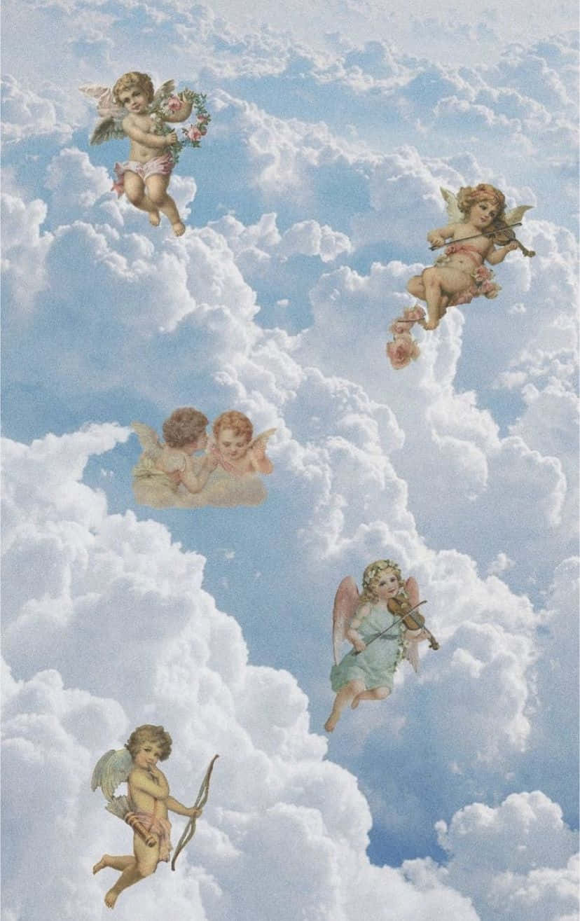 angelic clouds, vintage-style cherubs, fluffy white clouds, HD Phone Wallpaper