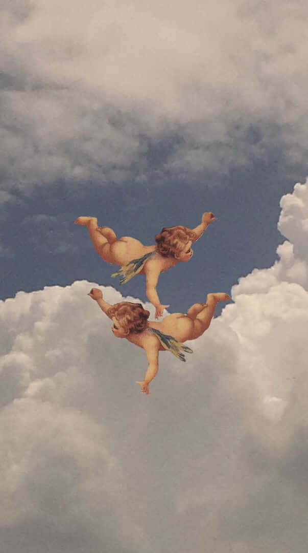 angelic rolling nocturnal sky, chubby winged cherubs, soft clouds, SD Phone Wallpaper