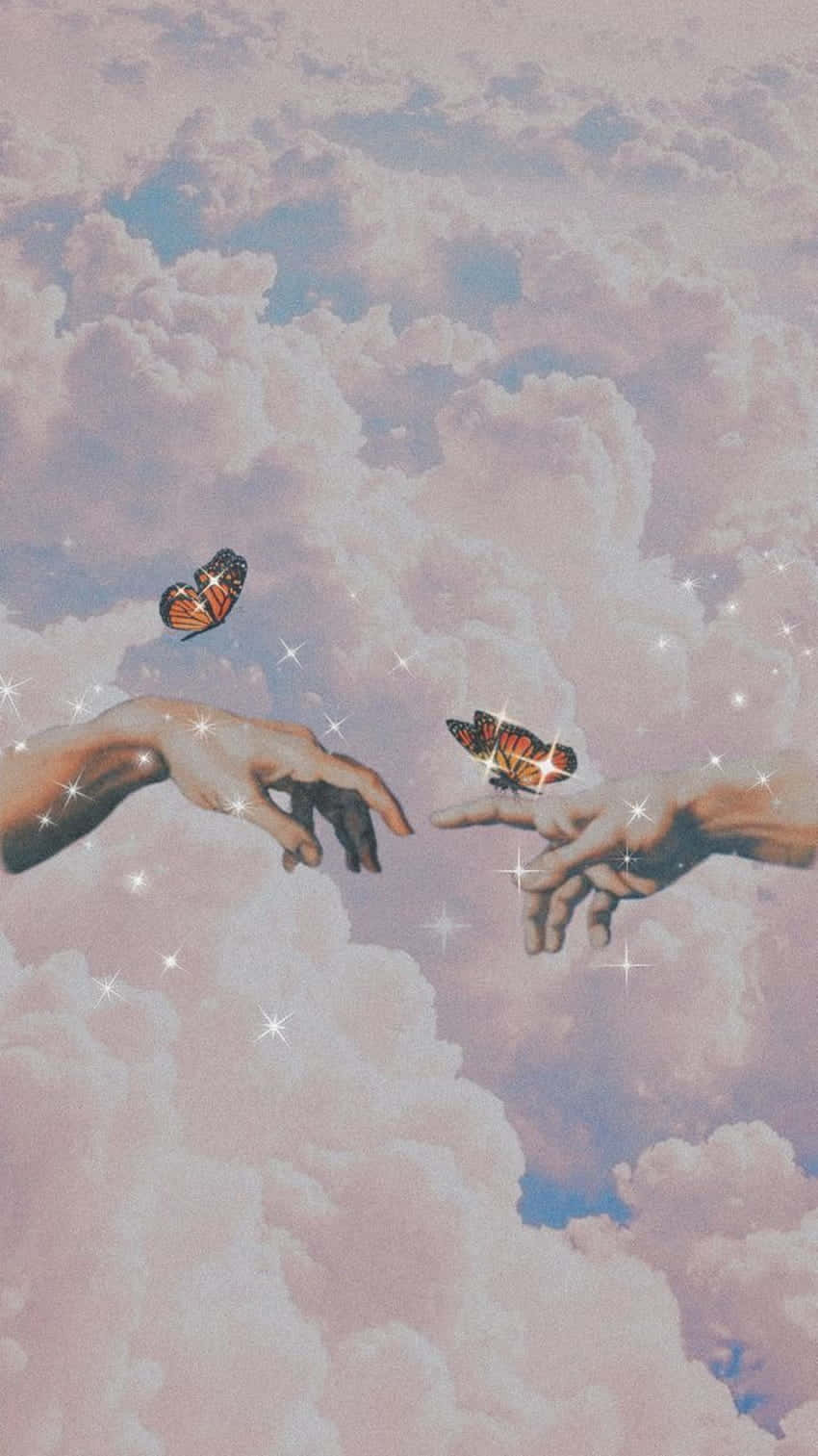 angel aesthetic clouds, pink clouds, butterflies, HD Phone Wallpaper