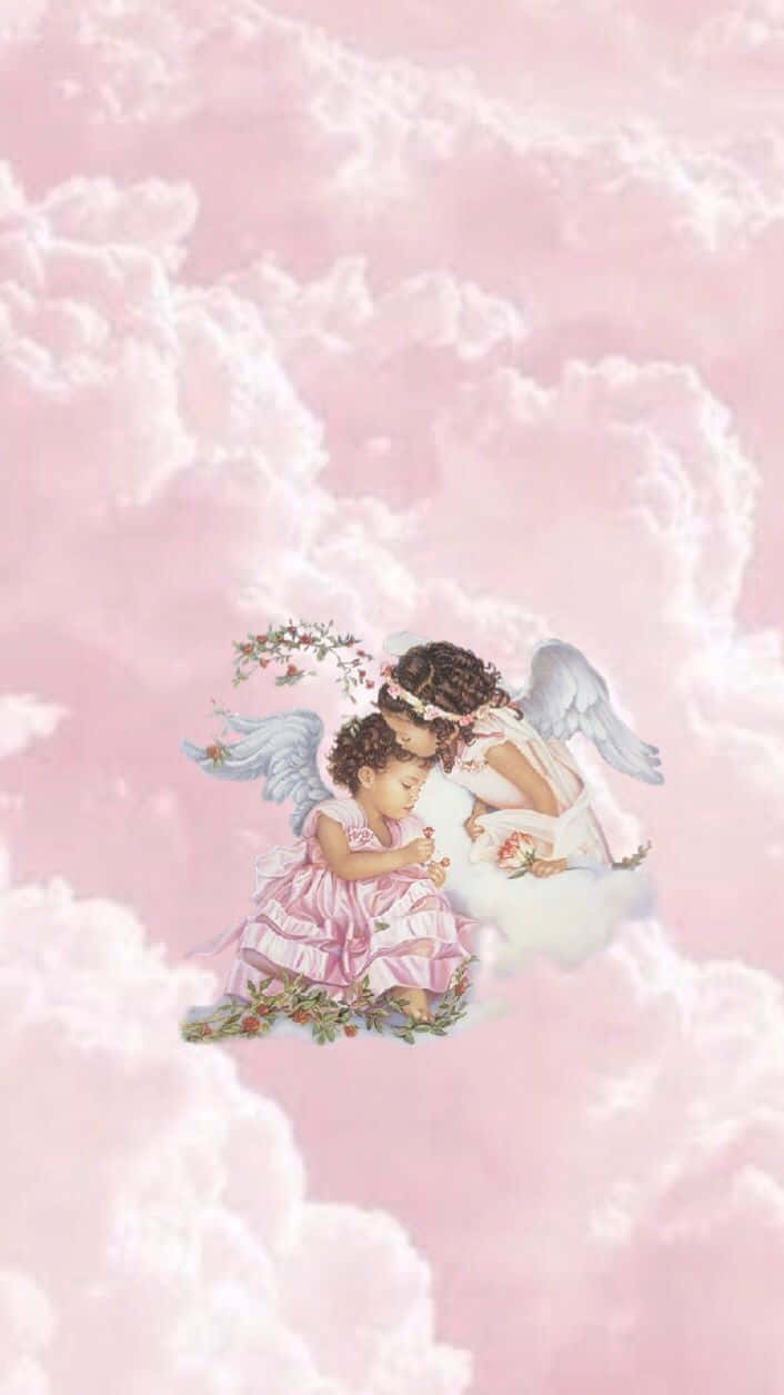 angelic children, pink dresses, fluffy clouds, SD Phone Wallpaper