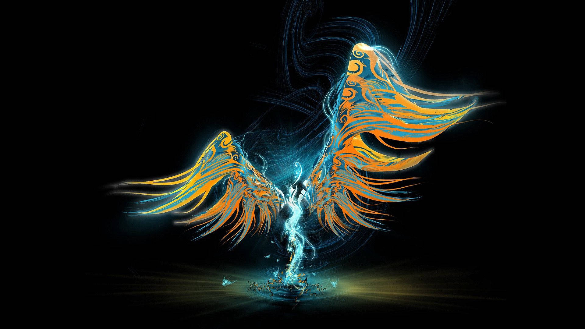 Angel, glowing orange and blue wings, burst of light, Full HD Desktop Wallpaper