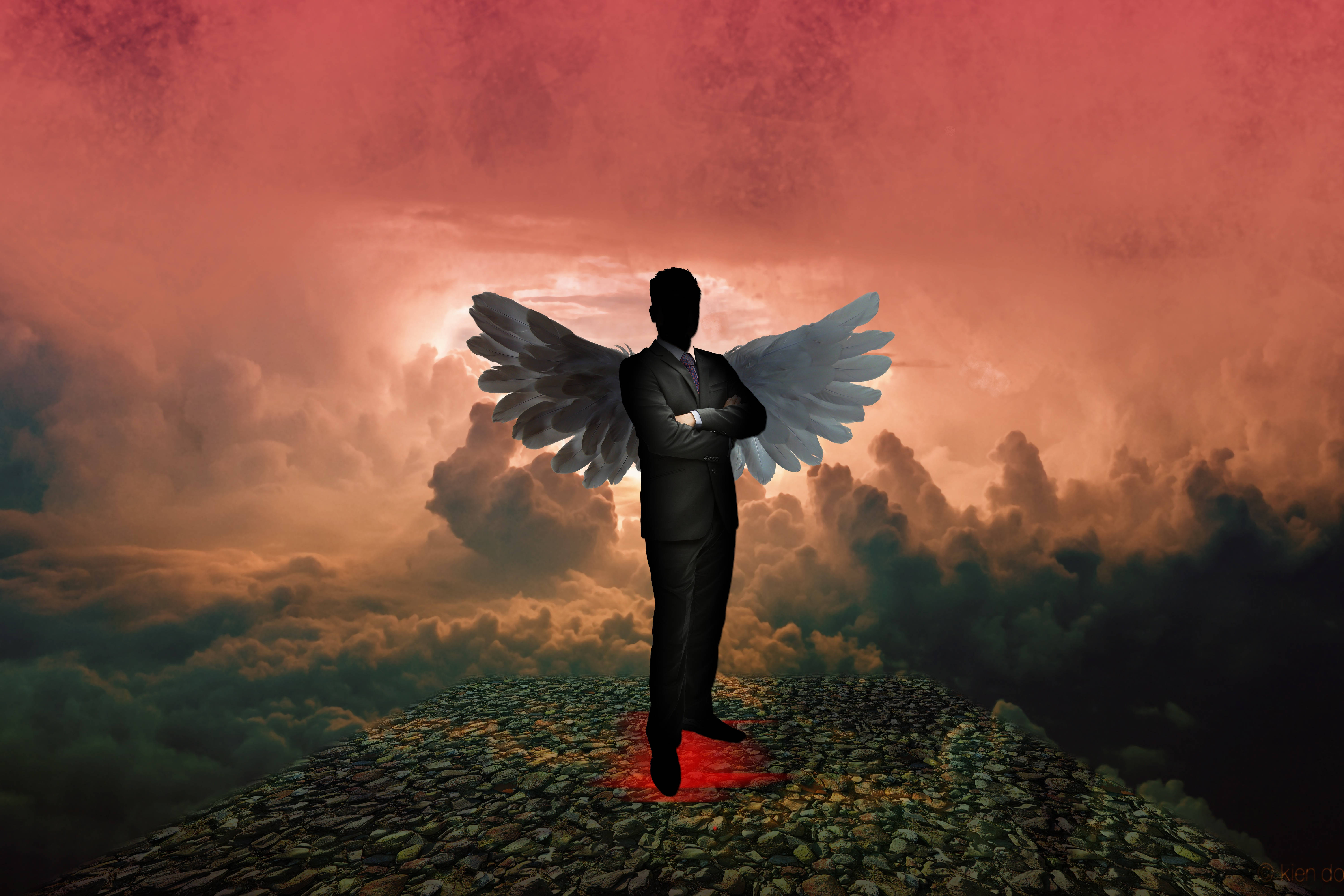 angel wings, rocky peak, fiery sunset sky, 5K Desktop Wallpaper