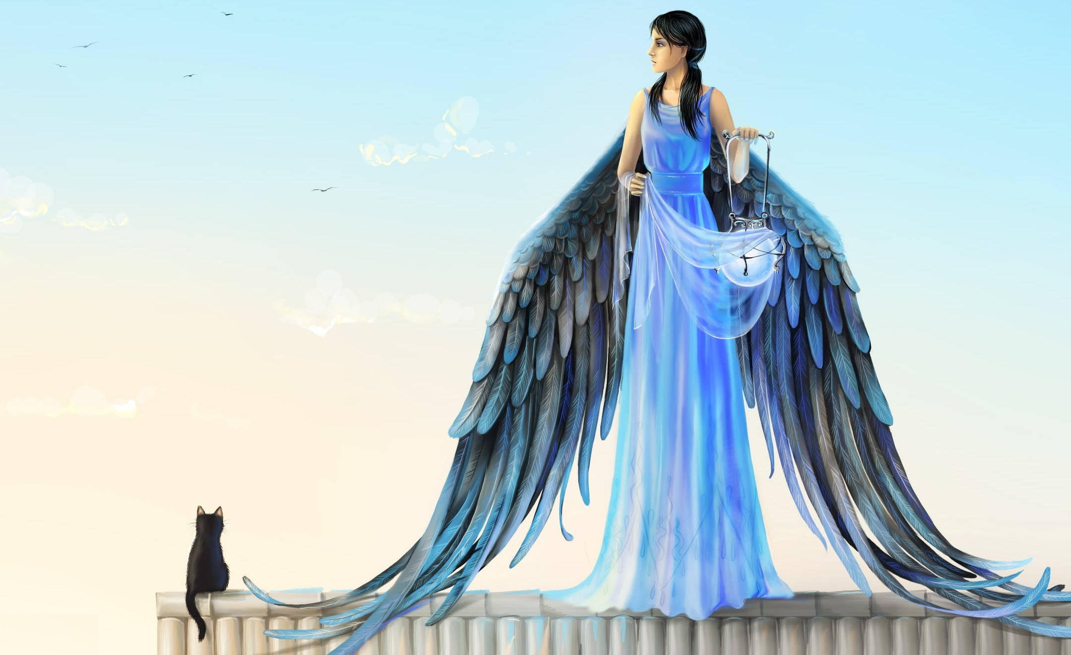 Sky Angel, blue-winged angel, flowing gown, Full HD Desktop Wallpaper