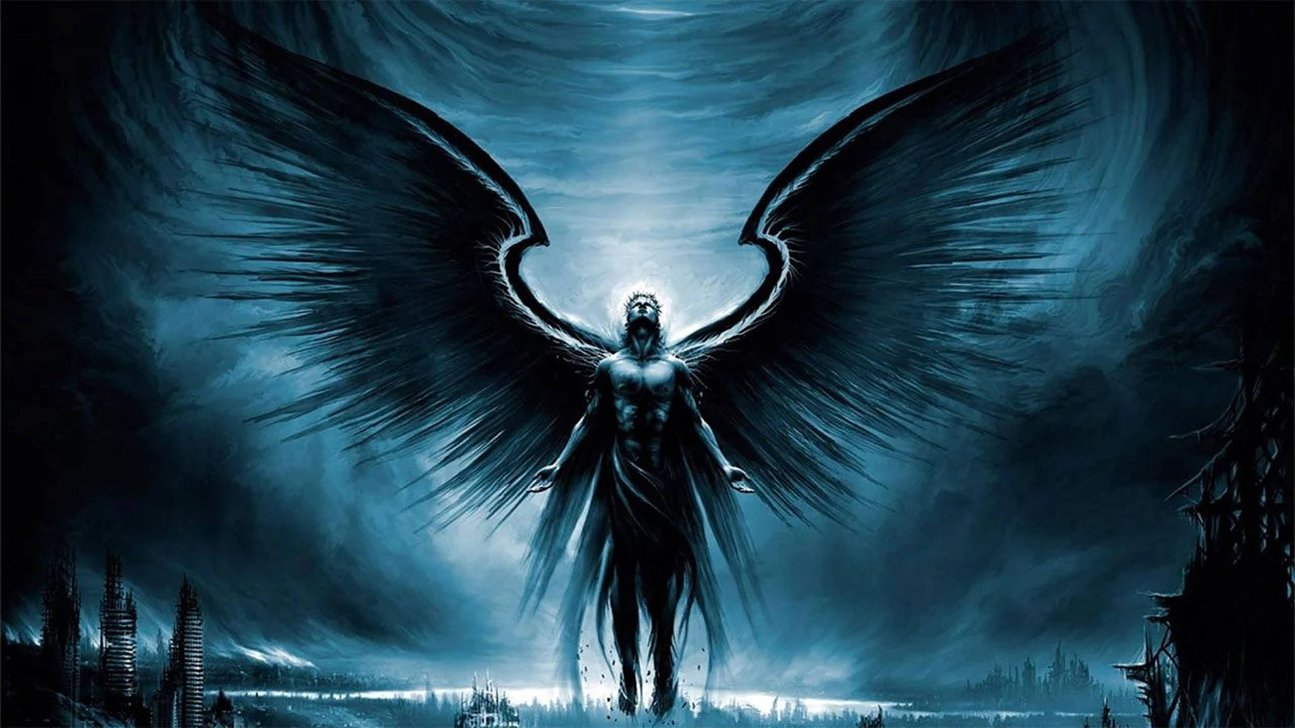 Dark Angel Blue, dark-winged angelic figure, stormy blue sky, 2K Desktop Wallpaper
