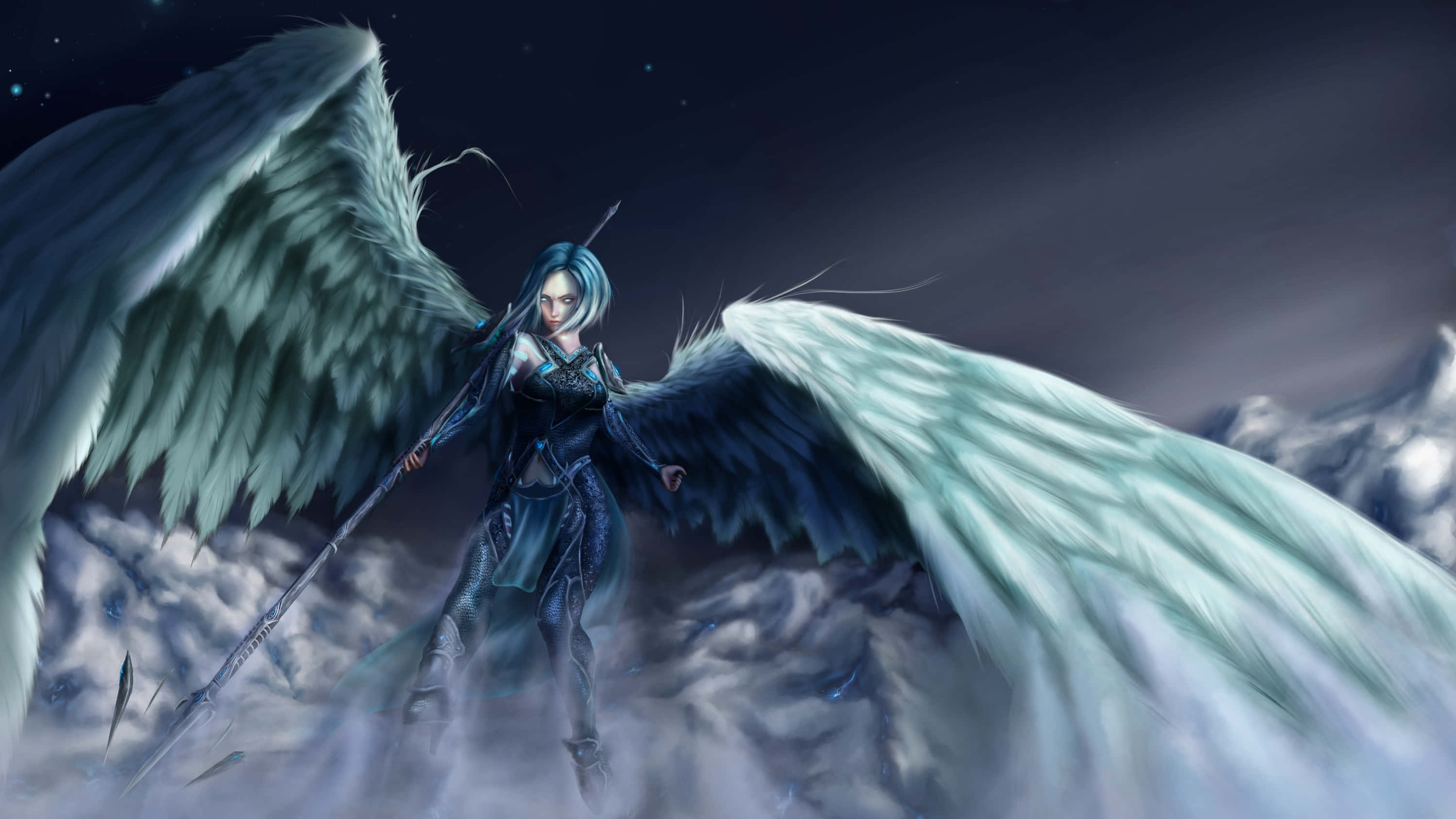 angelic 3000, dark-winged angel warrior, blue hair, 2K Desktop Wallpaper